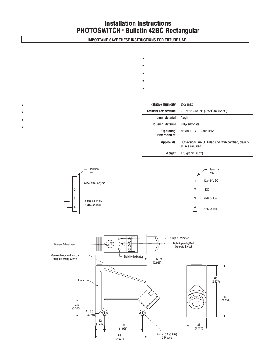 Rockwell Automation 42BC Rectangular Photoelectric Switch User Manual | 2 pages