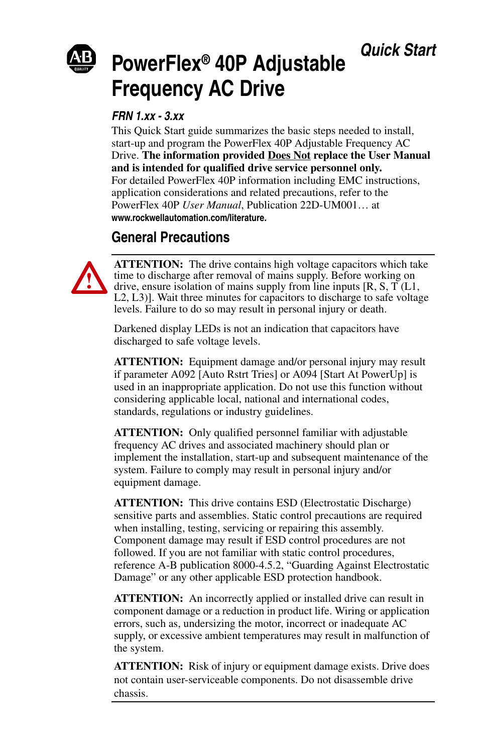 Rockwell Automation 25D PowerFlex 40P Quick Start - FRN 1.xx - 3.xx User Manual | 22 pages