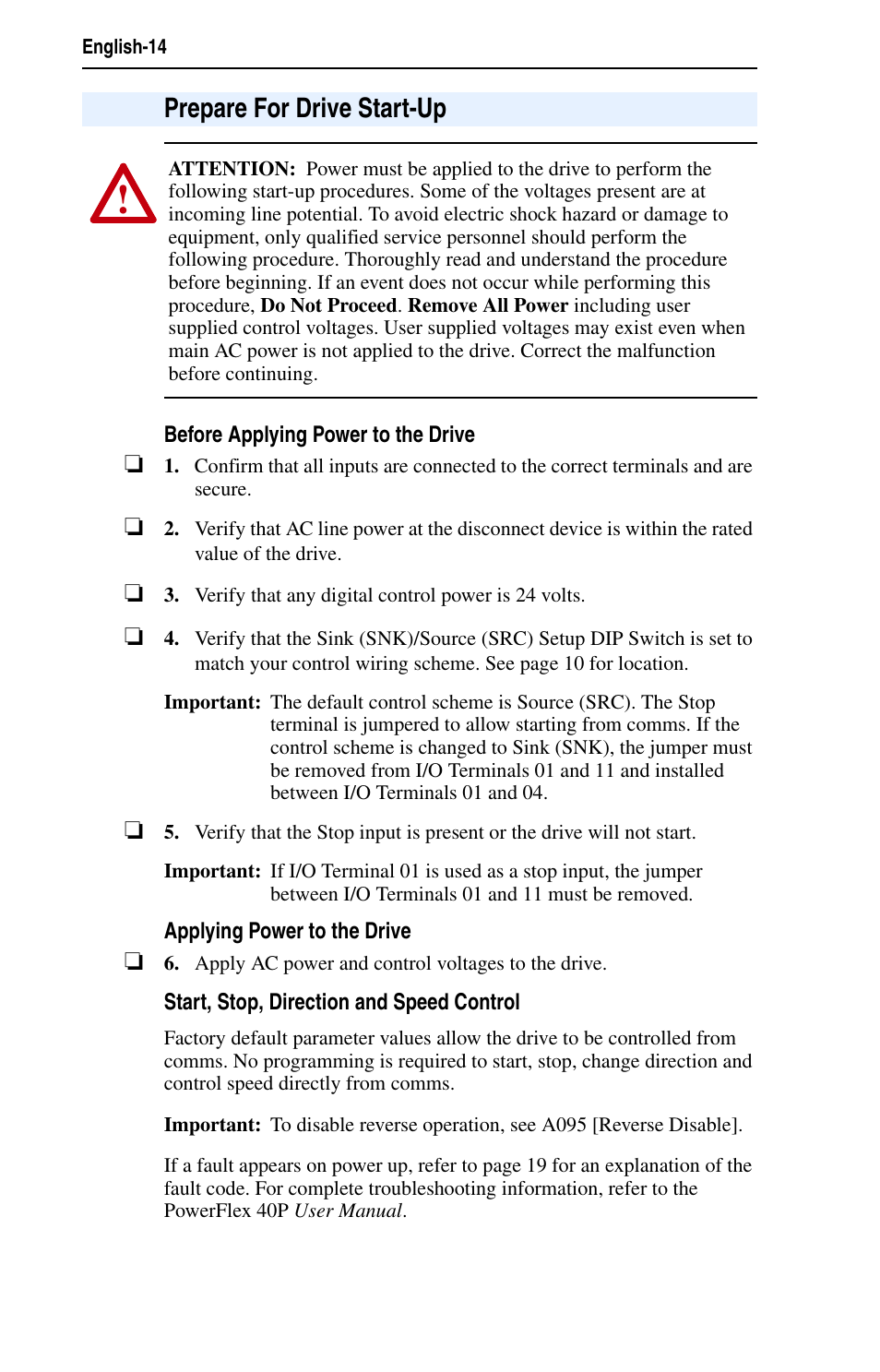 Prepare for drive start-up | Rockwell Automation 25D PowerFlex 40P Quick Start - FRN 1.xx - 3.xx User Manual | Page 14 / 22