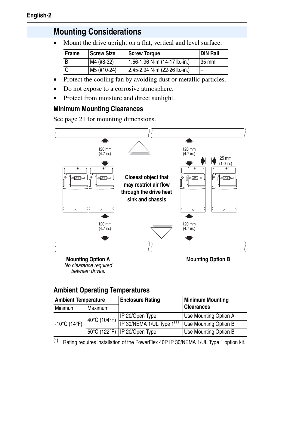 Mounting considerations, Minimum mounting clearances, Ambient operating temperatures | See page 21 for moun ting dimensions | Rockwell Automation 25D PowerFlex 40P Quick Start - FRN 1.xx - 3.xx User Manual | Page 2 / 22
