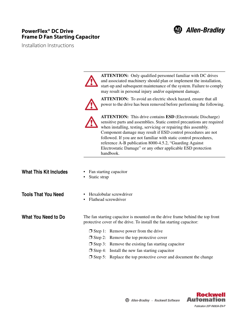 Rockwell Automation 20P PowerFlex DC Drive - Frame D Fan Starting Capacitor User Manual | 4 pages