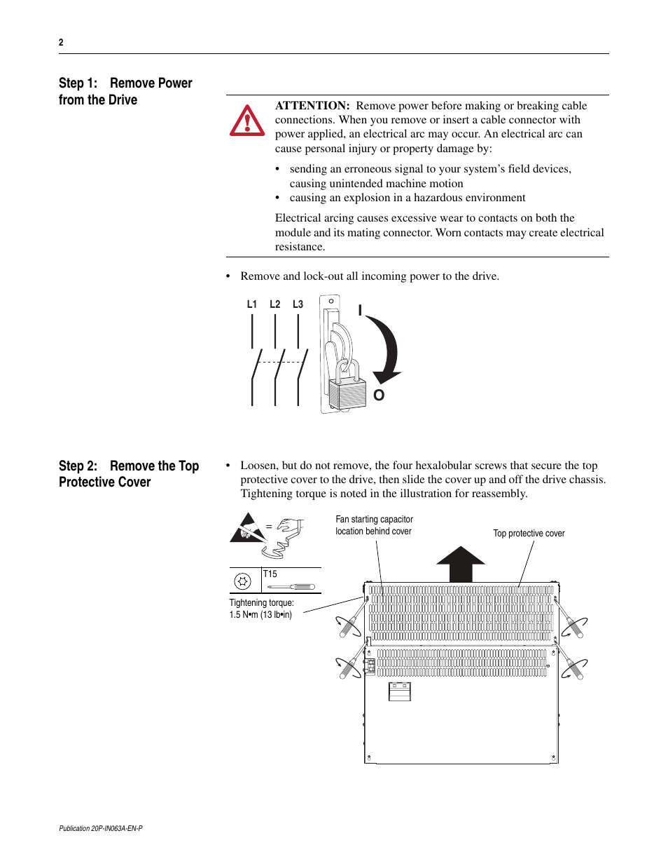 Step 1: remove power from the drive, Step 2: remove the top protective cover | Rockwell Automation 20P PowerFlex DC Drive - Frame D Fan Starting Capacitor User Manual | Page 2 / 4