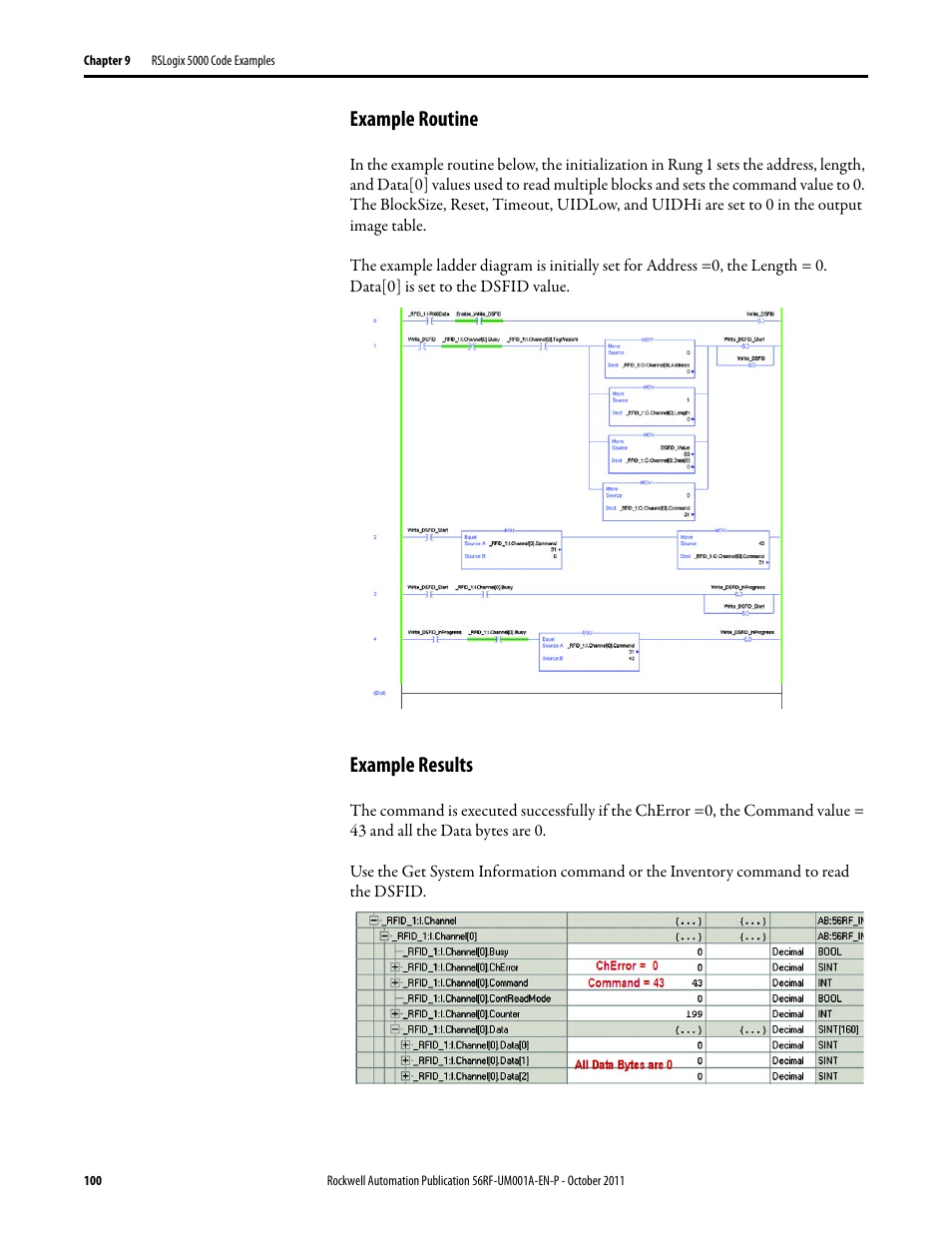 Example routine, Example results | Rockwell Automation 56RF RFID System User Manual User Manual | Page 100 / 156