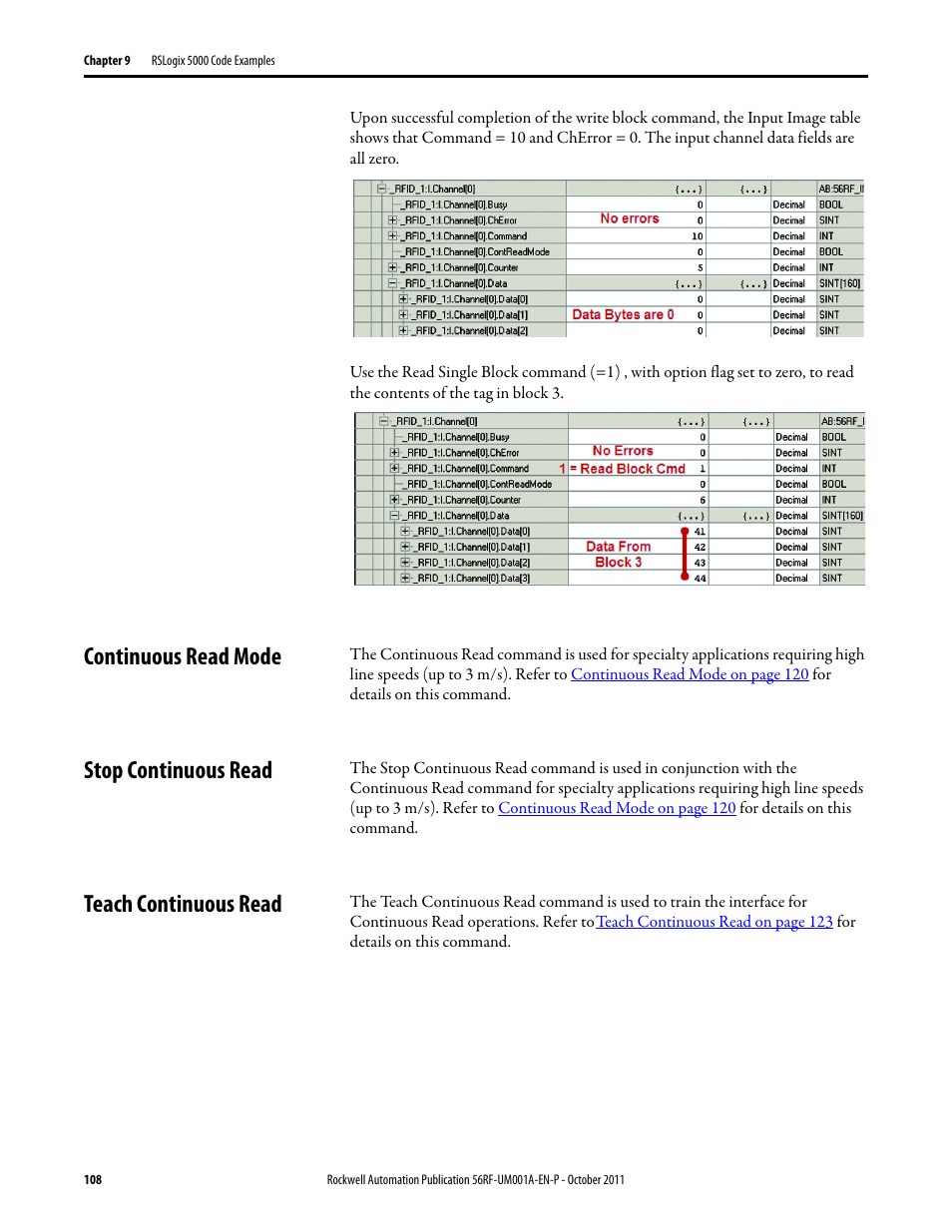 Continuous read mode, Stop continuous read, Teach continuous read | Rockwell Automation 56RF RFID System User Manual User Manual | Page 108 / 156