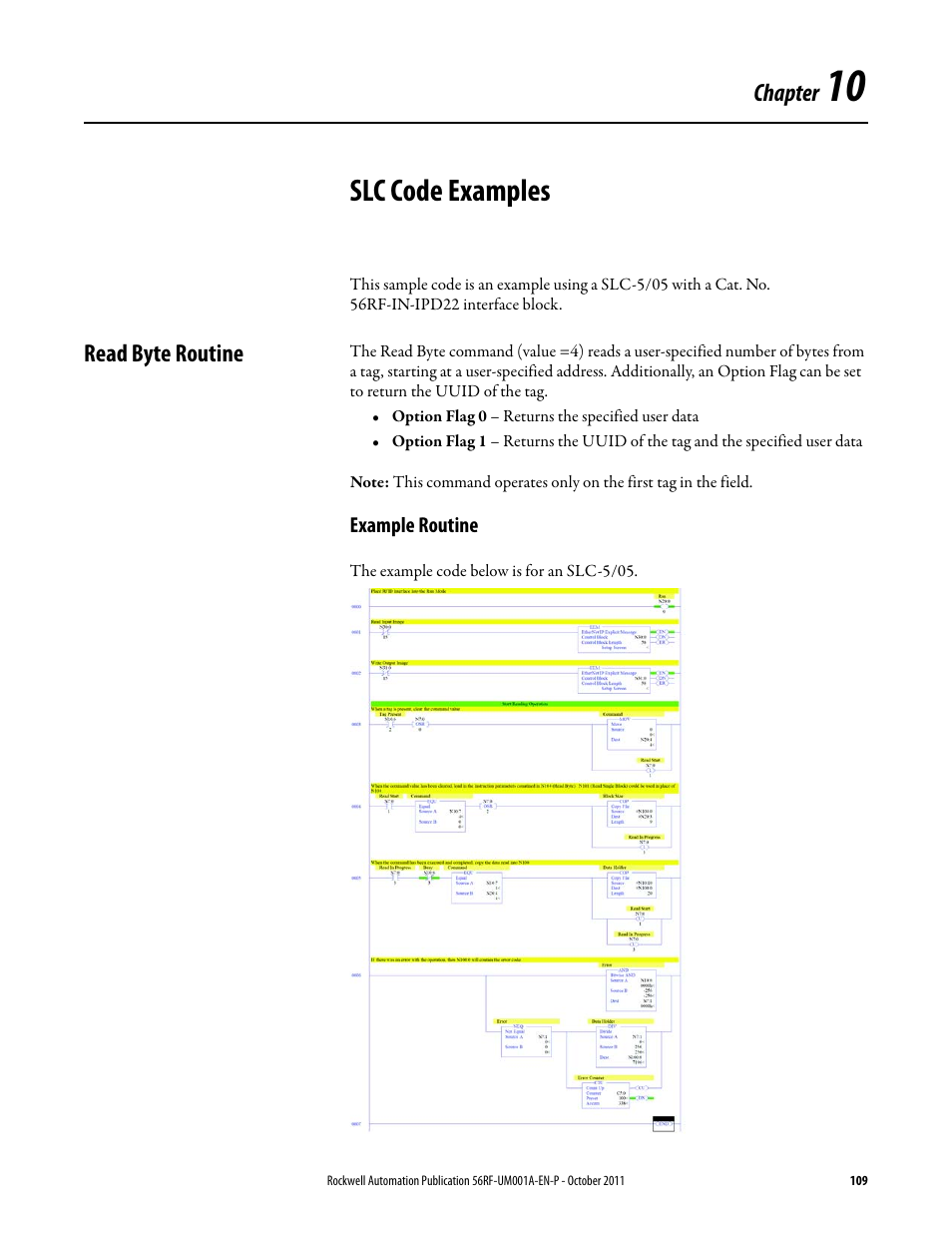 Slc code examples, Chapter, Read byte routine | Rockwell Automation 56RF RFID System User Manual User Manual | Page 109 / 156