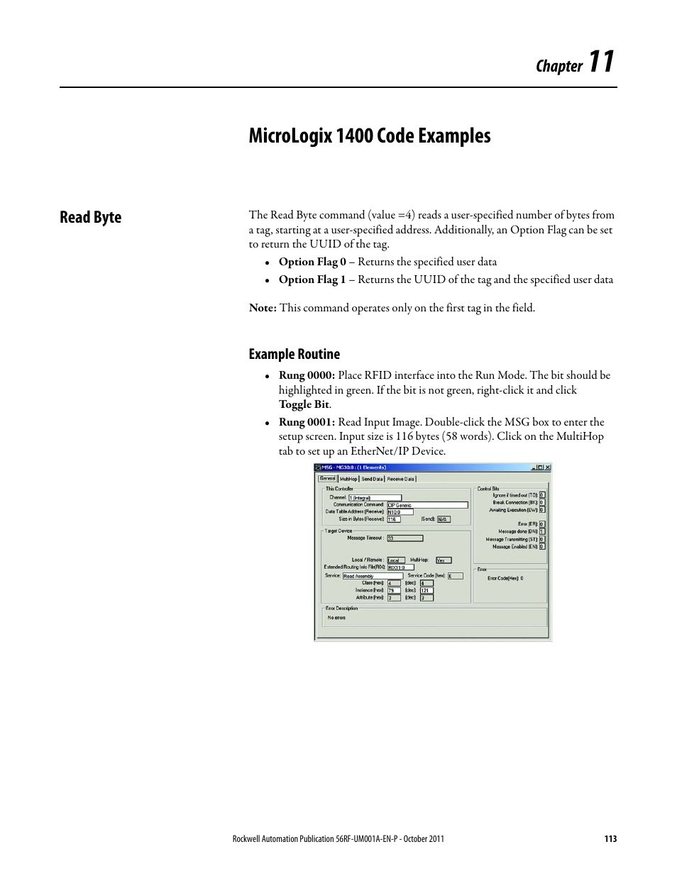Micrologix 1400 code examples, Chapter, Read byte | Rockwell Automation 56RF RFID System User Manual User Manual | Page 113 / 156