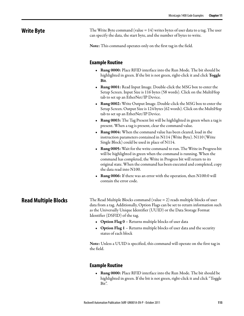 Write byte, Read multiple blocks, Example routine | Rockwell Automation 56RF RFID System User Manual User Manual | Page 115 / 156