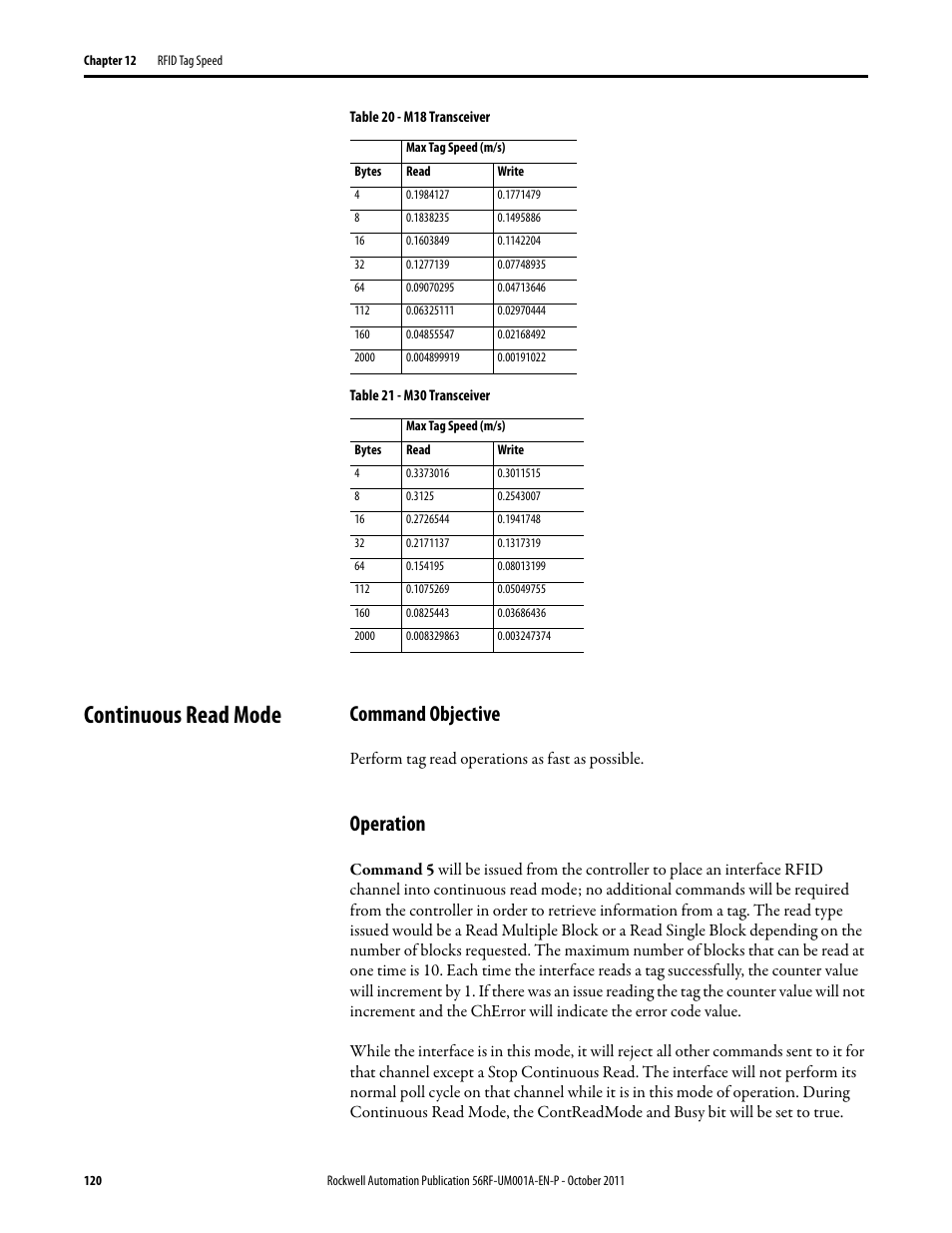 Continuous read mode, Command objective, Operation | Rockwell Automation 56RF RFID System User Manual User Manual | Page 120 / 156