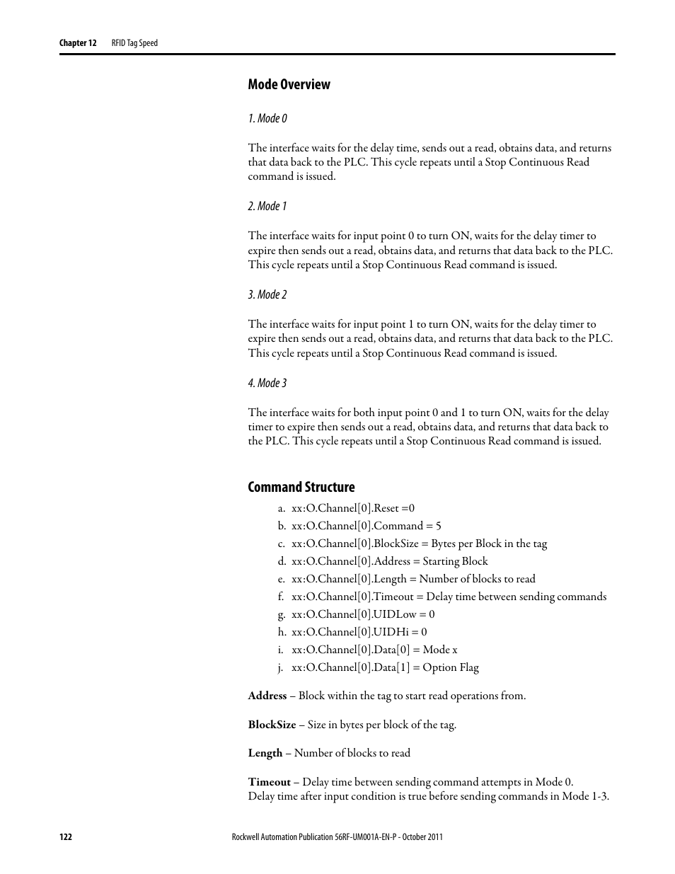 Mode overview, Command structure | Rockwell Automation 56RF RFID System User Manual User Manual | Page 122 / 156
