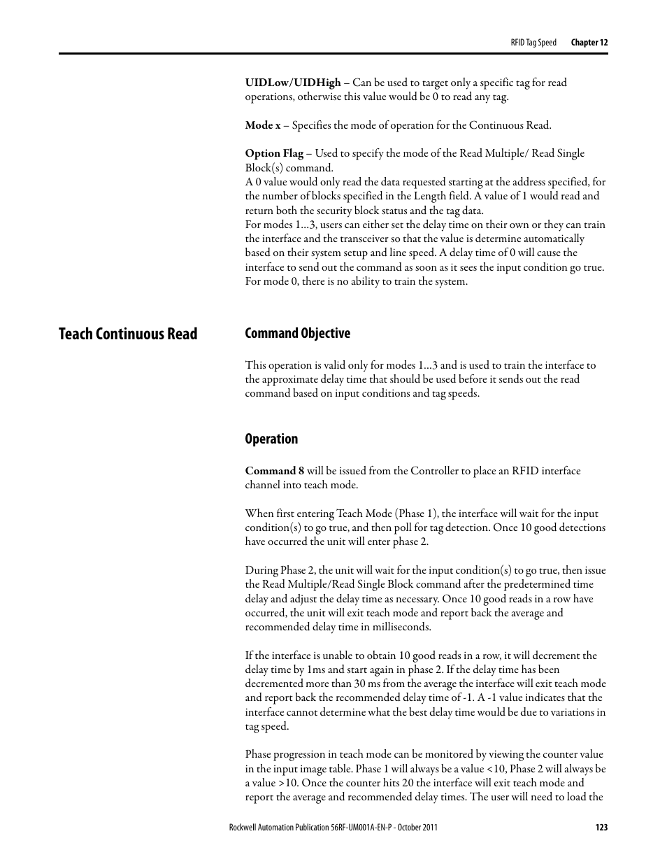 Teach continuous read, Command objective, Operation | Rockwell Automation 56RF RFID System User Manual User Manual | Page 123 / 156