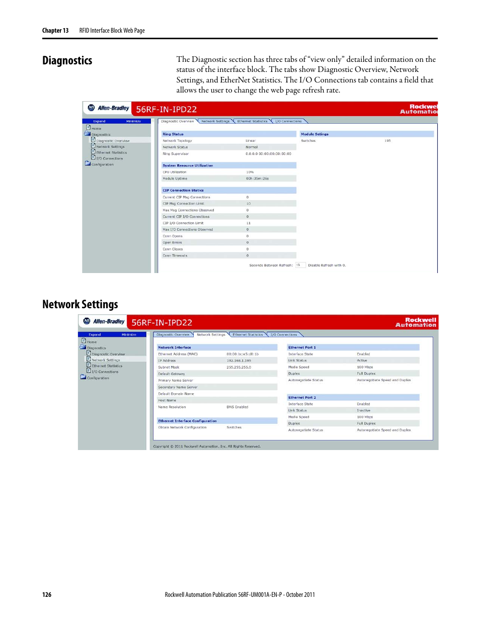 Diagnostics, Network settings | Rockwell Automation 56RF RFID System User Manual User Manual | Page 126 / 156