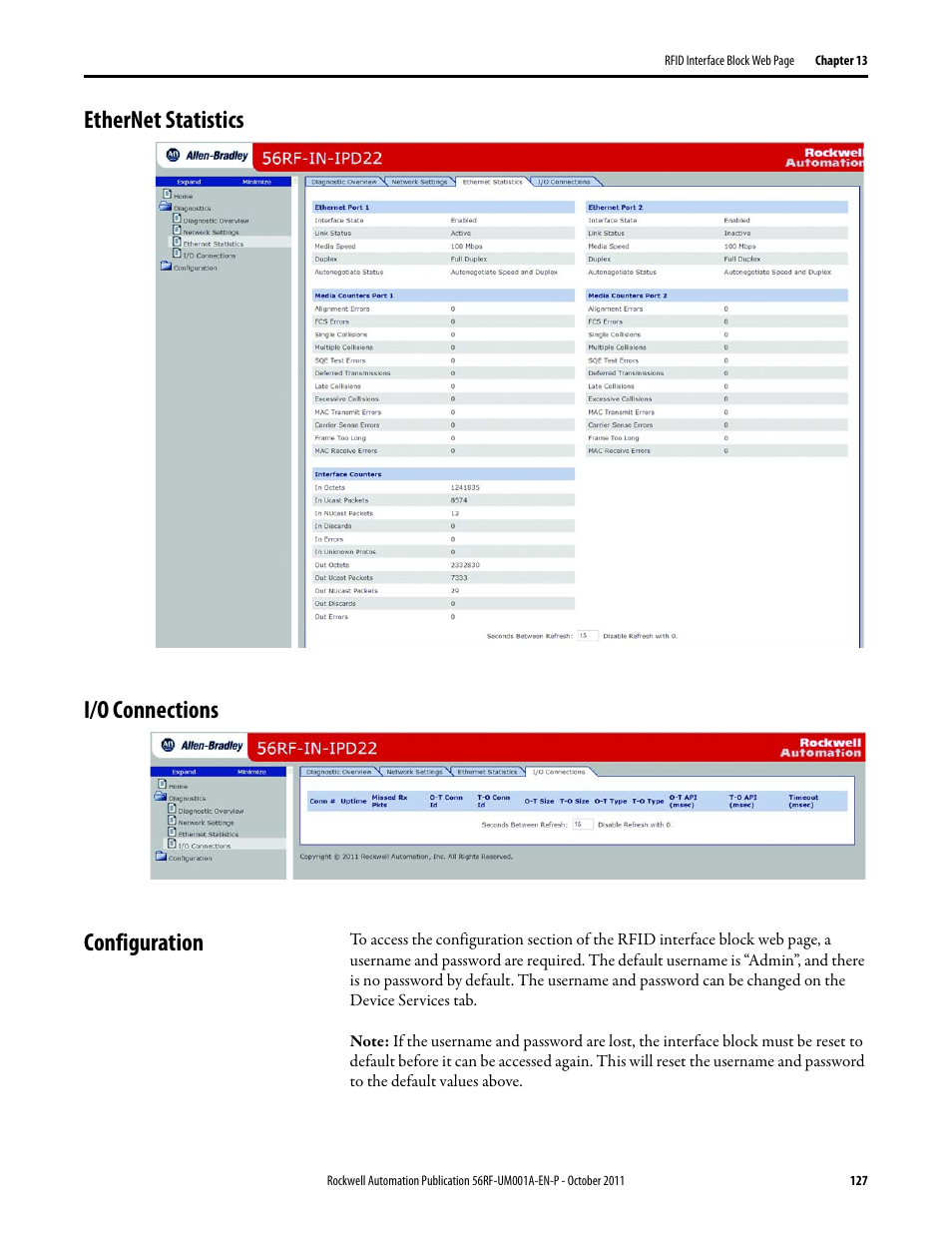 Ethernet statistics i/o connections configuration | Rockwell Automation 56RF RFID System User Manual User Manual | Page 127 / 156