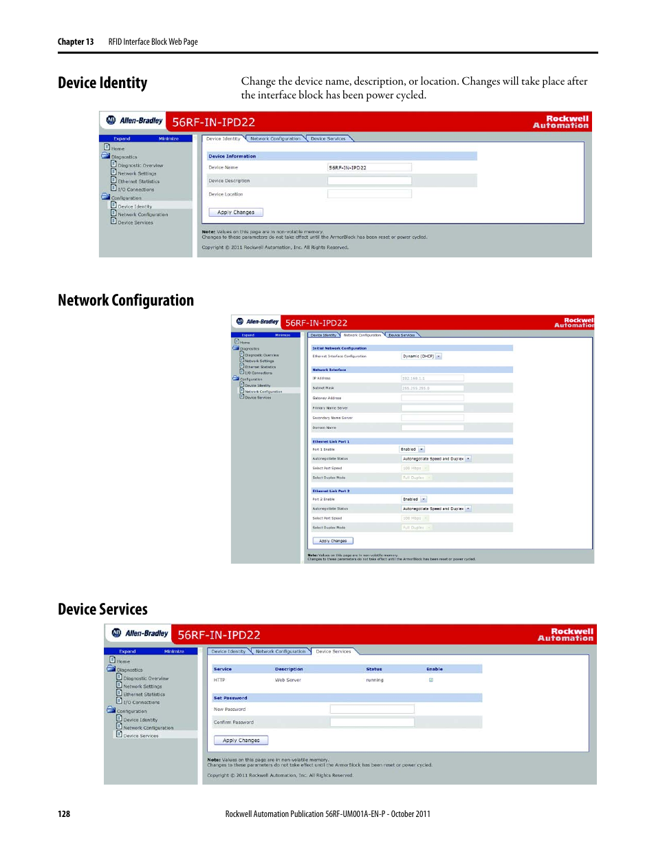Device identity, Network configuration device services | Rockwell Automation 56RF RFID System User Manual User Manual | Page 128 / 156