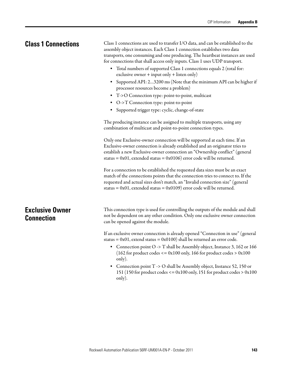 Class 1 connections, Exclusive owner connection | Rockwell Automation 56RF RFID System User Manual User Manual | Page 143 / 156