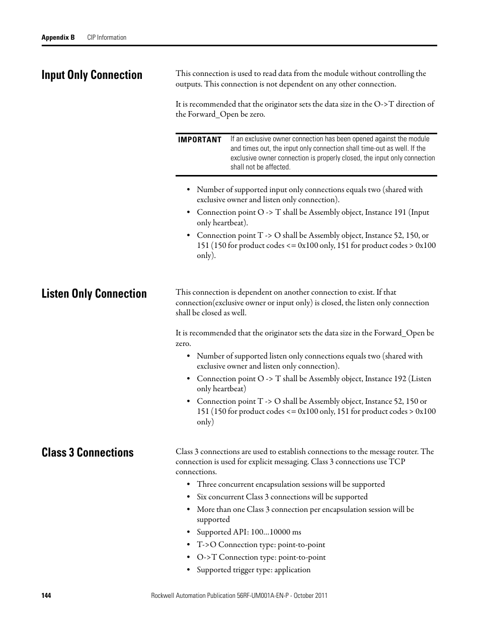 Input only connection, Listen only connection, Class 3 connections | Rockwell Automation 56RF RFID System User Manual User Manual | Page 144 / 156