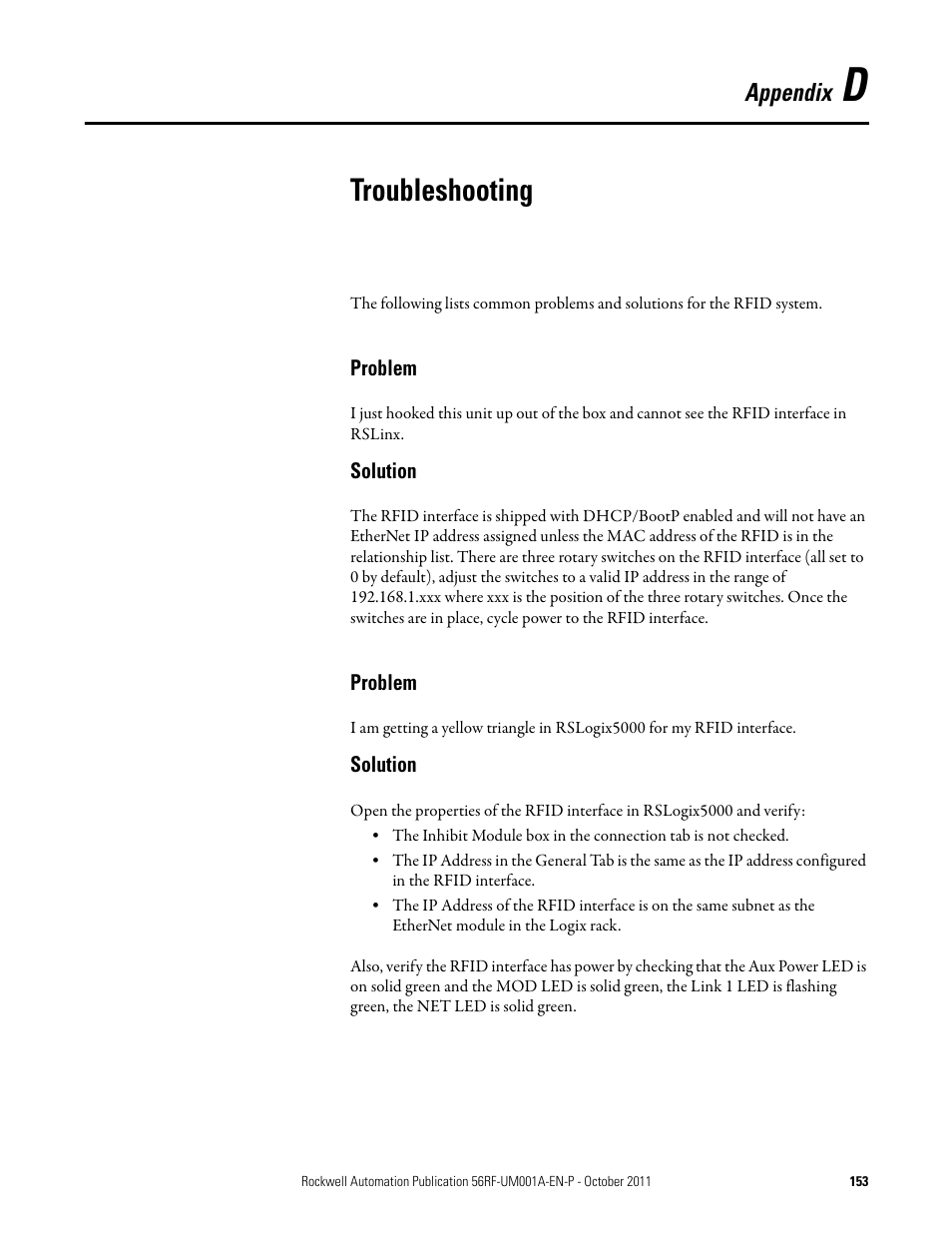 Troubleshooting, Appendix | Rockwell Automation 56RF RFID System User Manual User Manual | Page 153 / 156
