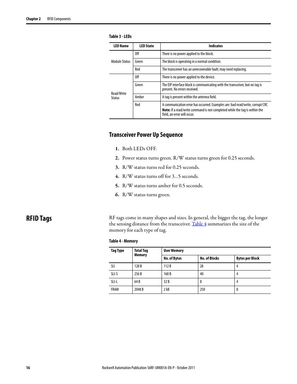 Rfid tags, Transceiver power up sequence | Rockwell Automation 56RF RFID System User Manual User Manual | Page 16 / 156