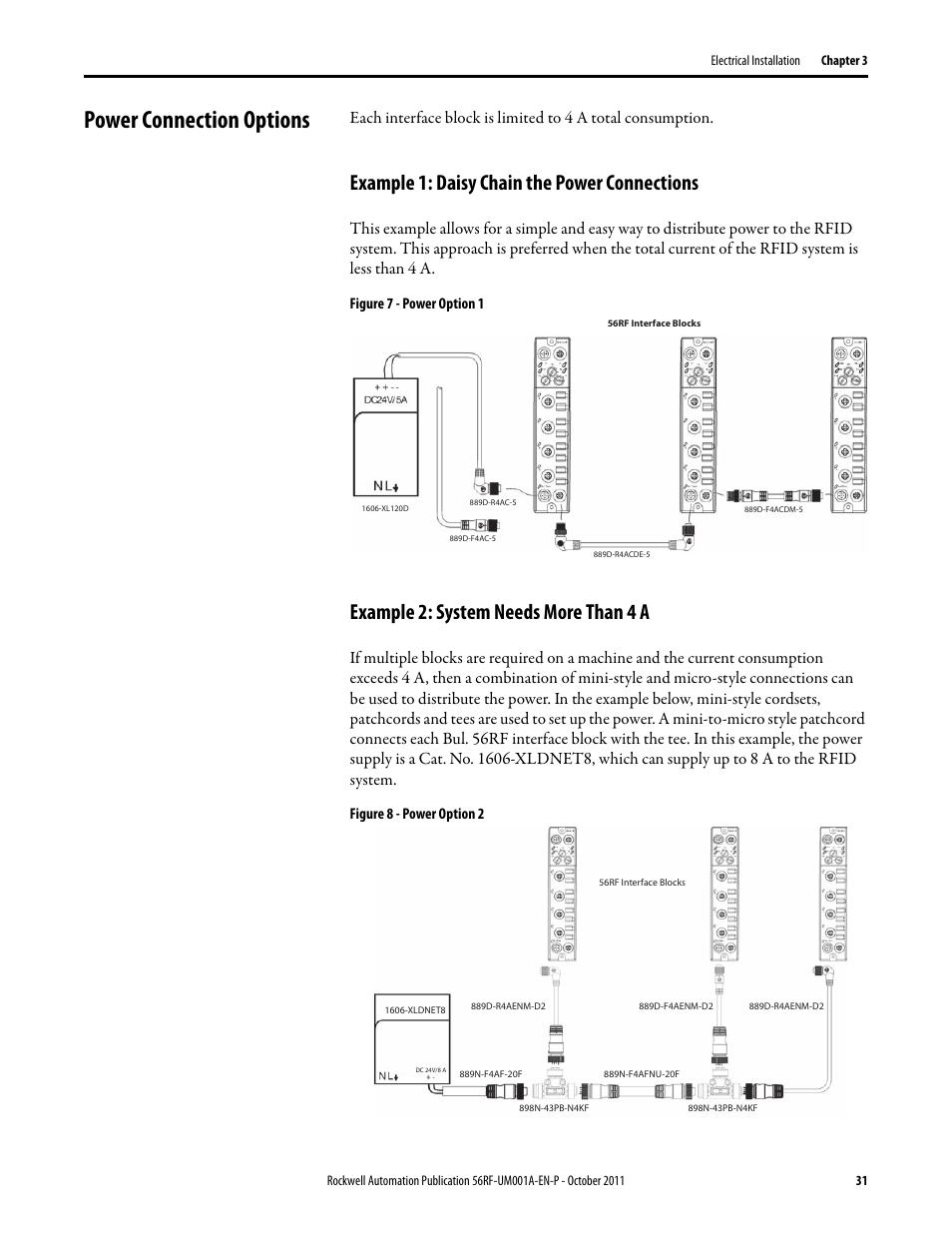 Power connection options, Example 1: daisy chain the power connections, Example 2: system needs more than 4 a | Rockwell Automation 56RF RFID System User Manual User Manual | Page 31 / 156