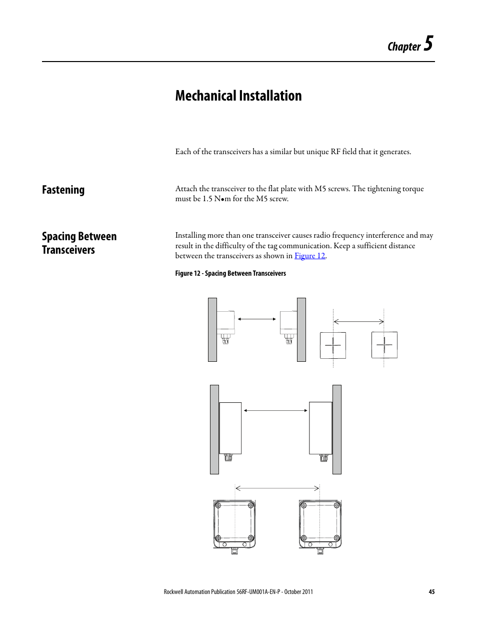Mechanical installation, Chapter, Fastening | Spacing between transceivers | Rockwell Automation 56RF RFID System User Manual User Manual | Page 45 / 156