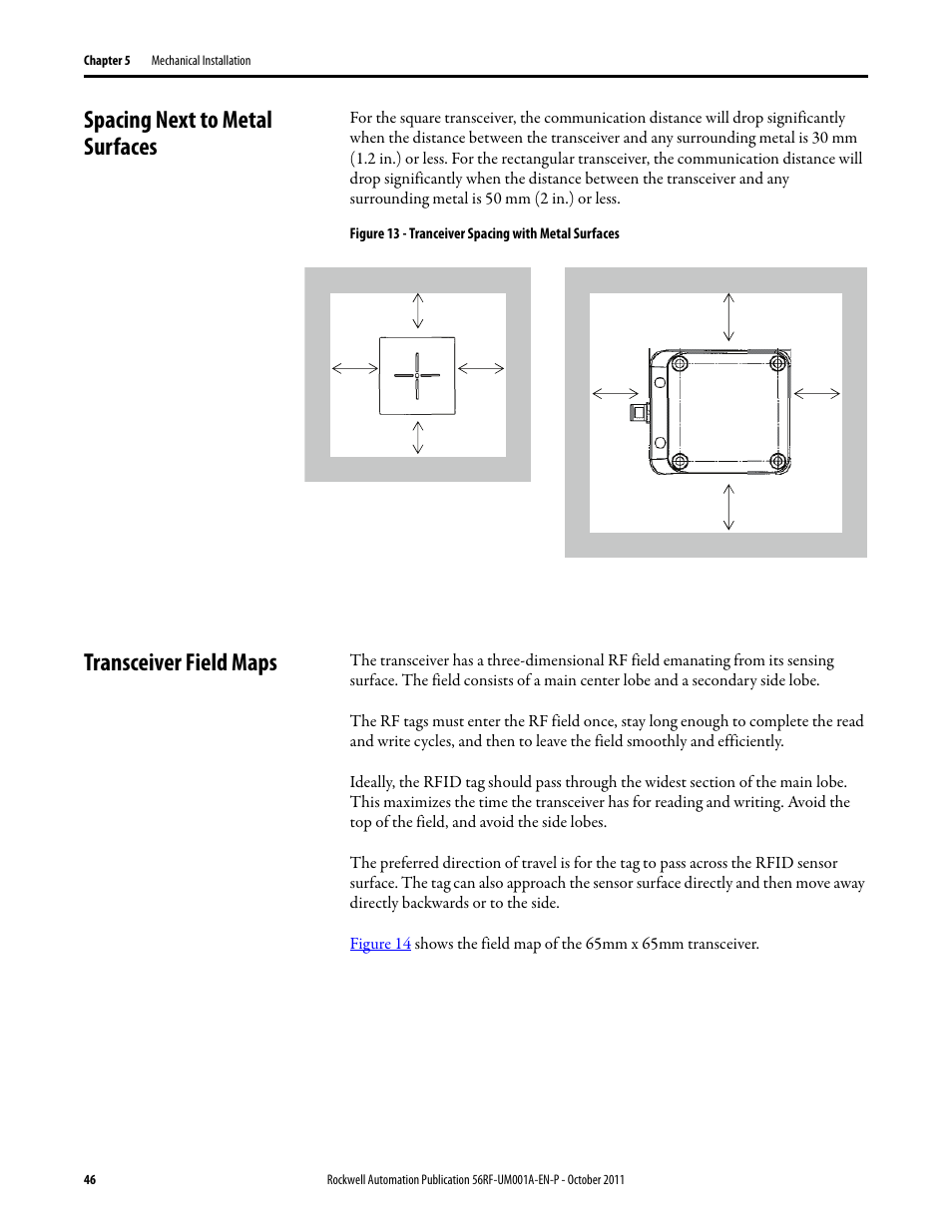 Spacing next to metal surfaces, Transceiver field maps | Rockwell Automation 56RF RFID System User Manual User Manual | Page 46 / 156