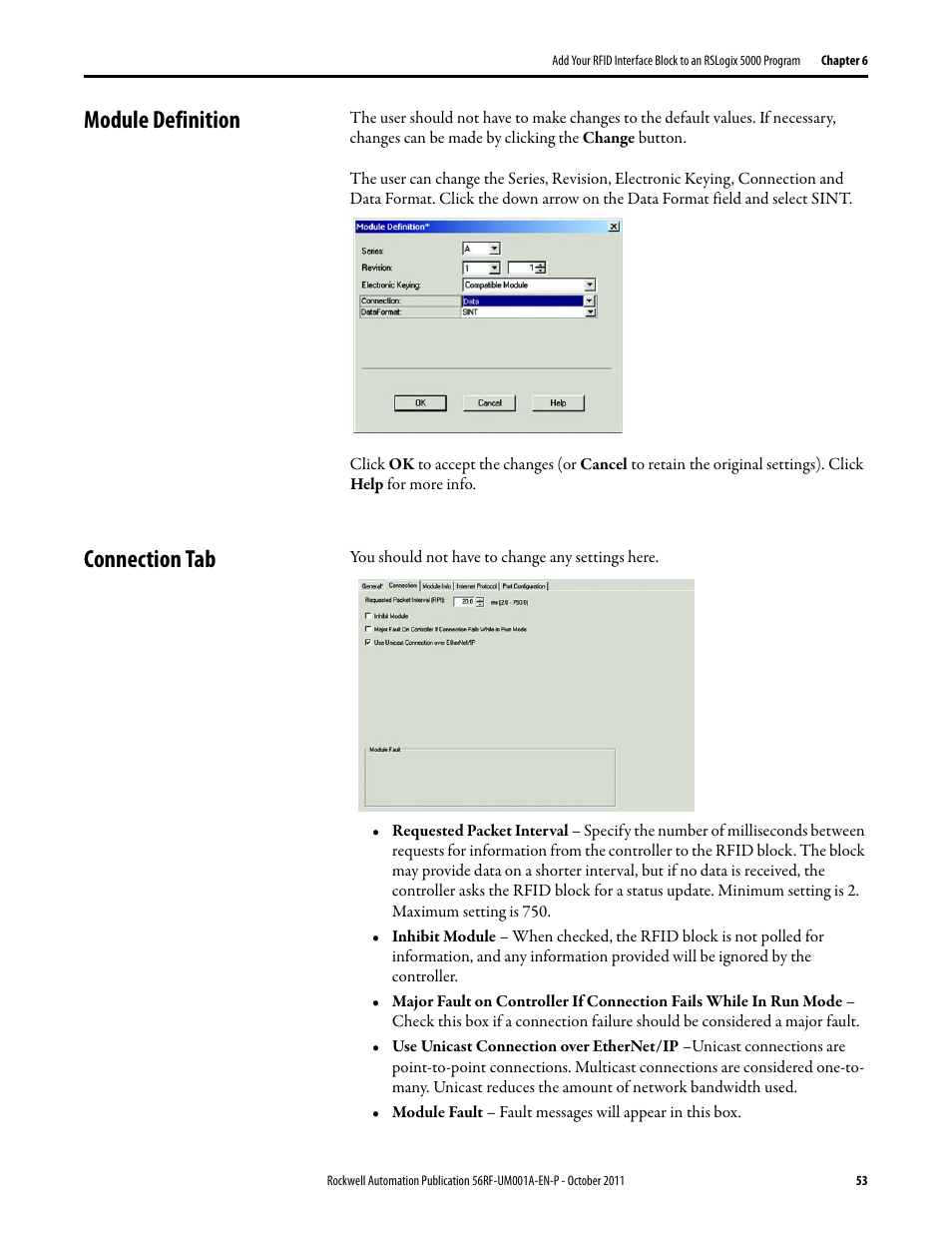 Module definition, Connection tab | Rockwell Automation 56RF RFID System User Manual User Manual | Page 53 / 156