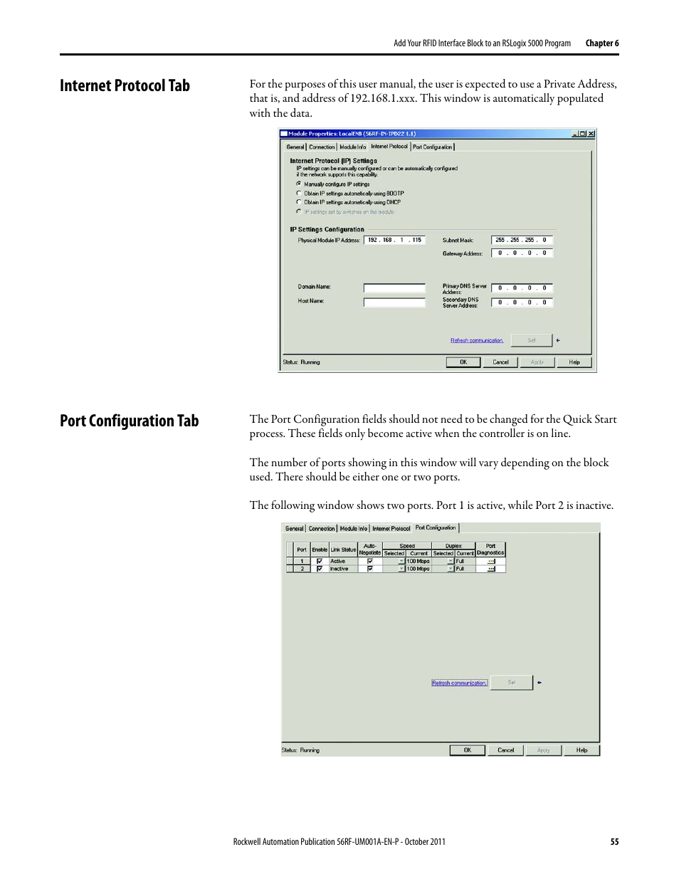 Internet protocol tab, Port configuration tab | Rockwell Automation 56RF RFID System User Manual User Manual | Page 55 / 156