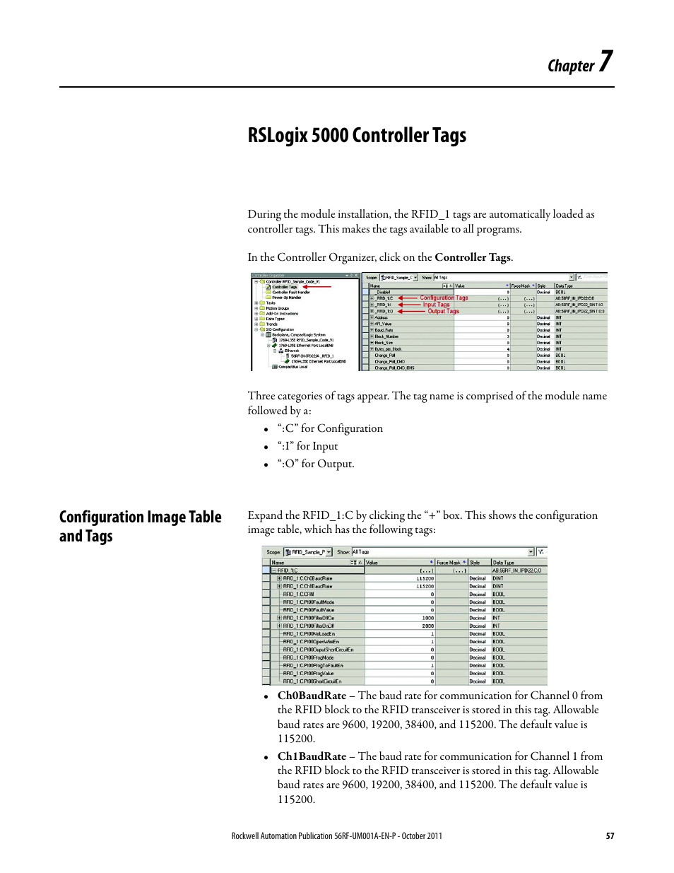 Rslogix 5000 controller tags, Chapter, Configuration image table and tags | Rockwell Automation 56RF RFID System User Manual User Manual | Page 57 / 156