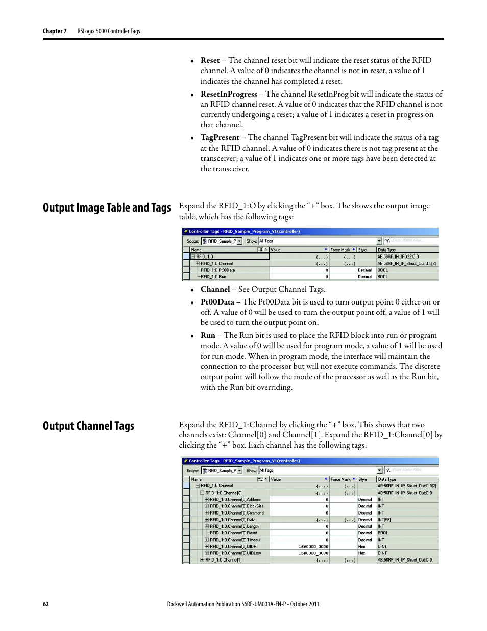 Output image table and tags, Output channel tags | Rockwell Automation 56RF RFID System User Manual User Manual | Page 62 / 156