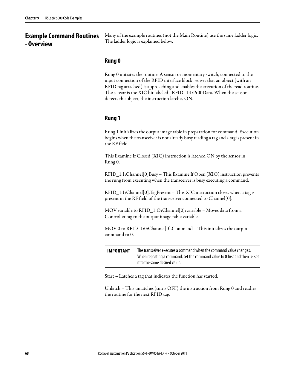 Example command routines - overview, Rung 0, Rung 1 | Rockwell Automation 56RF RFID System User Manual User Manual | Page 68 / 156