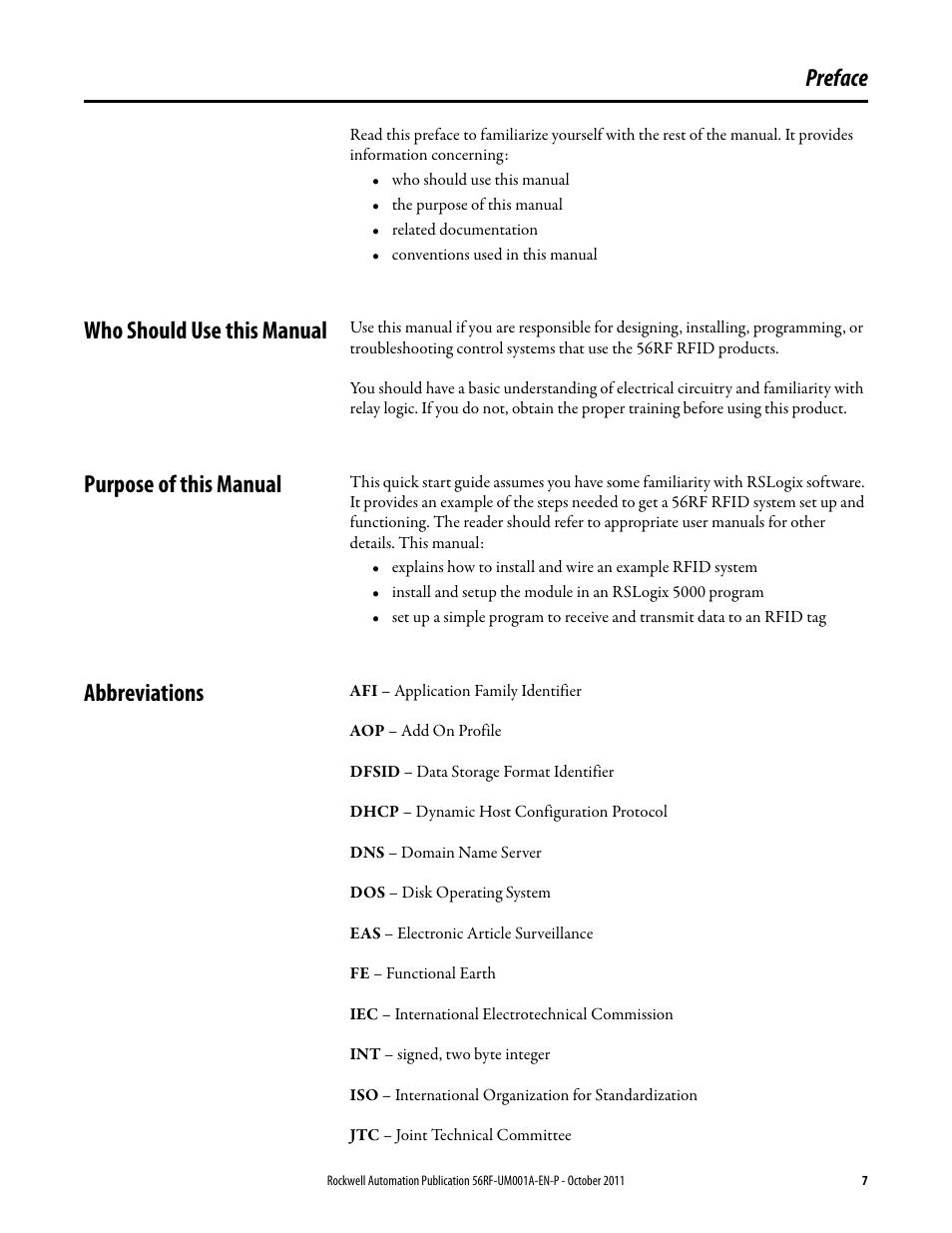 Preface, Who should use this manual, Purpose of this manual | Abbreviations | Rockwell Automation 56RF RFID System User Manual User Manual | Page 7 / 156
