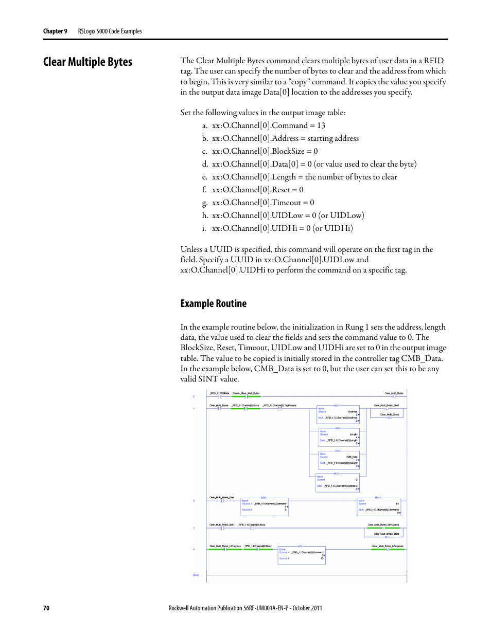 Clear multiple bytes, Example routine | Rockwell Automation 56RF RFID System User Manual User Manual | Page 70 / 156