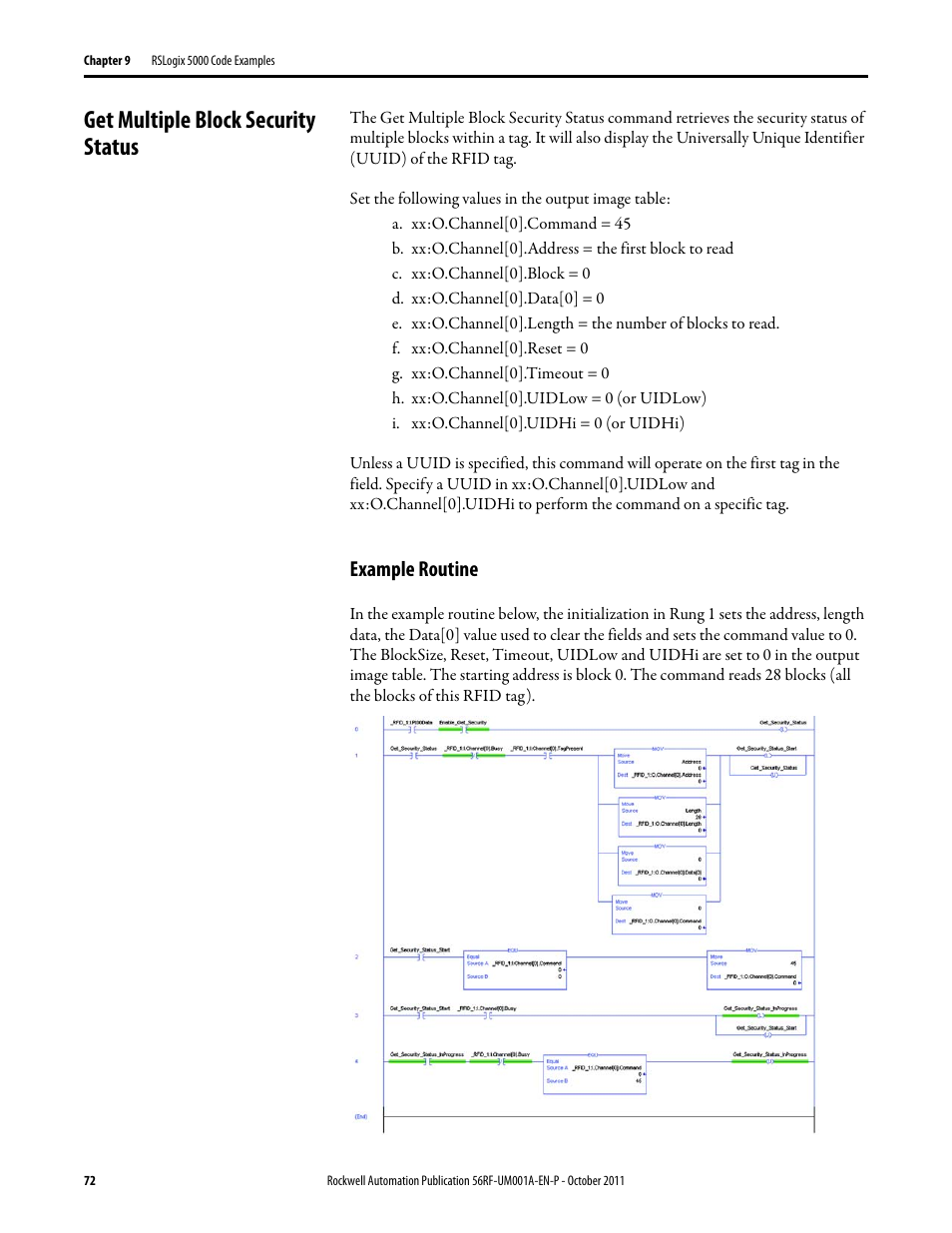 Get multiple block security status, Example routine | Rockwell Automation 56RF RFID System User Manual User Manual | Page 72 / 156