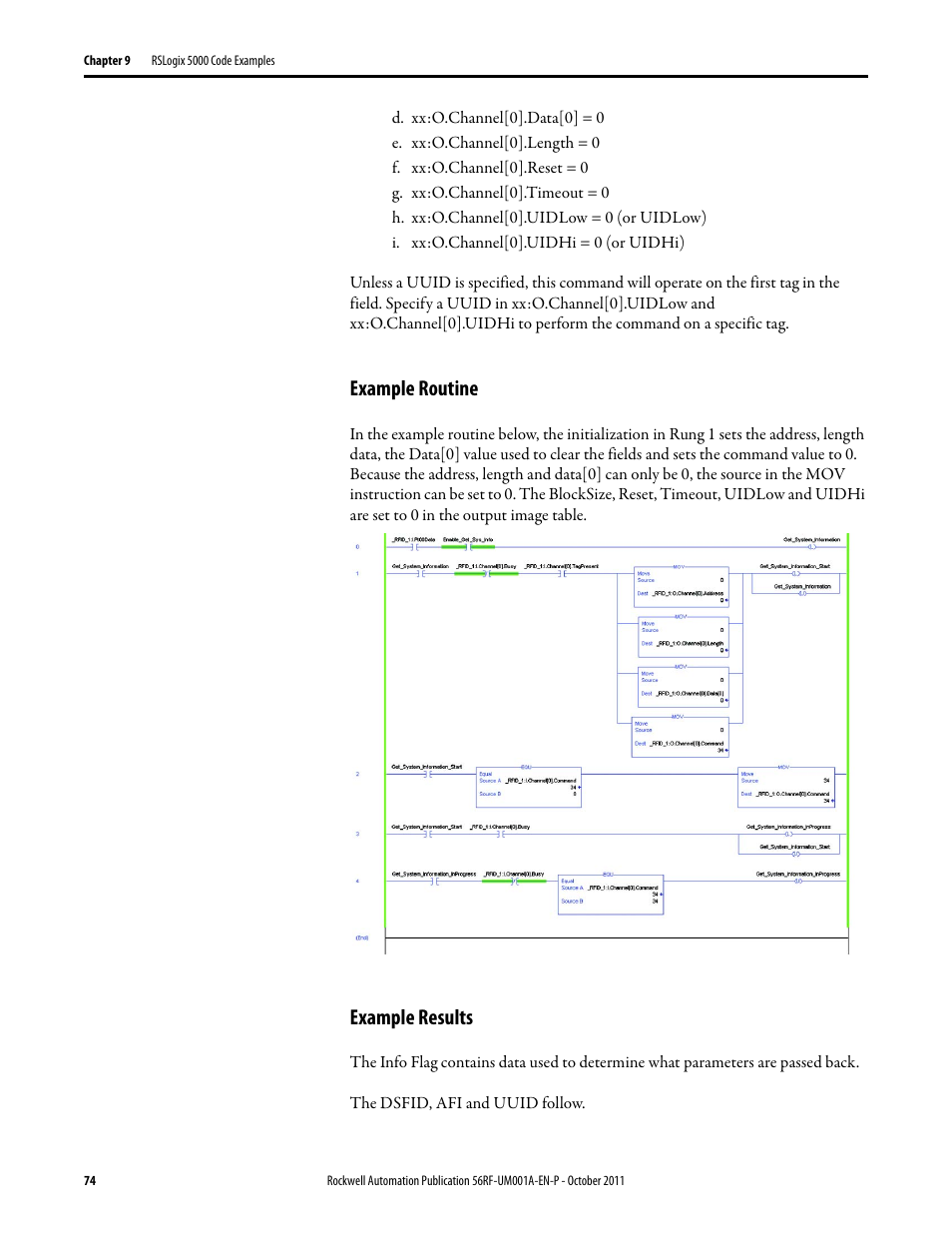 Example routine, Example results | Rockwell Automation 56RF RFID System User Manual User Manual | Page 74 / 156