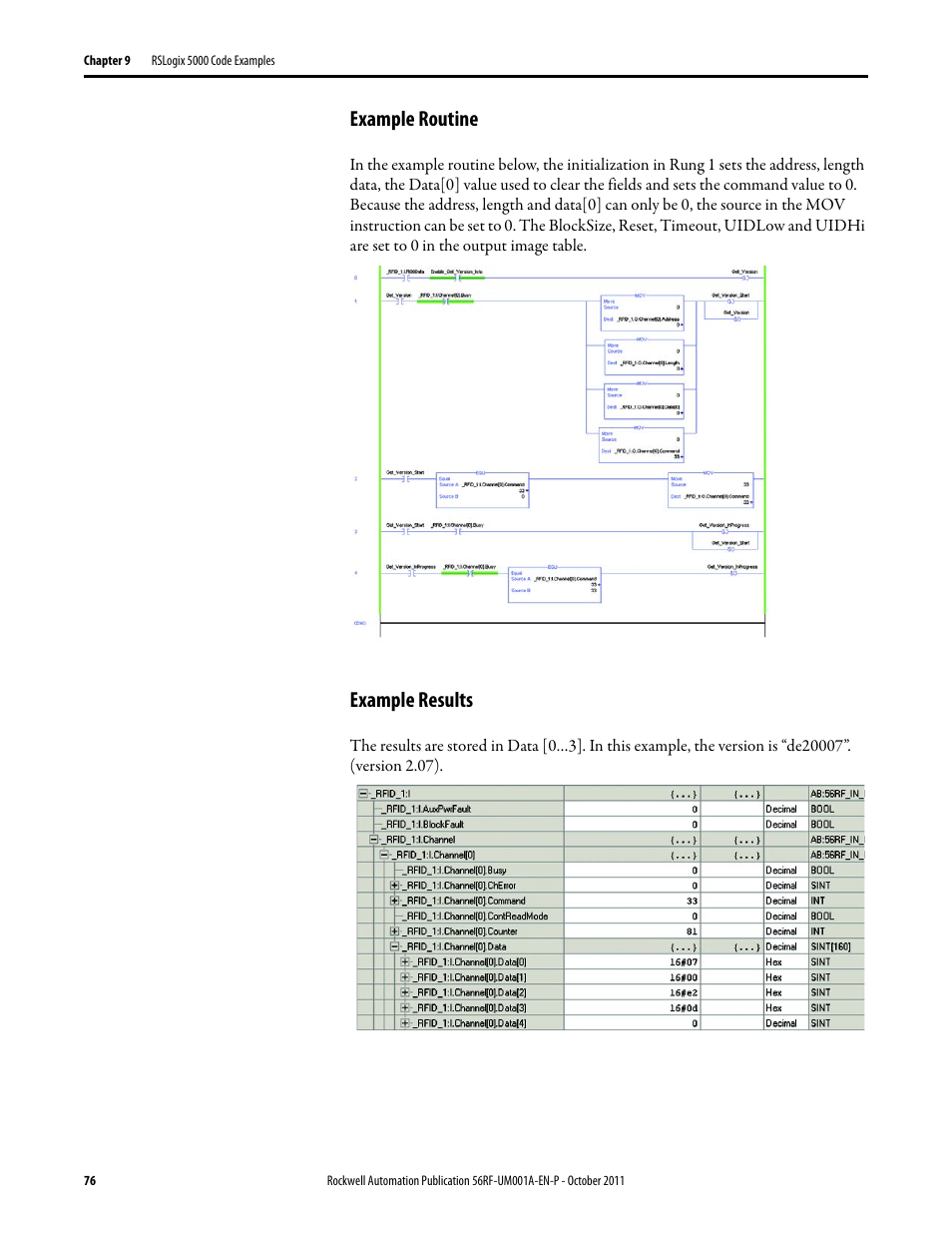 Example routine, Example results | Rockwell Automation 56RF RFID System User Manual User Manual | Page 76 / 156