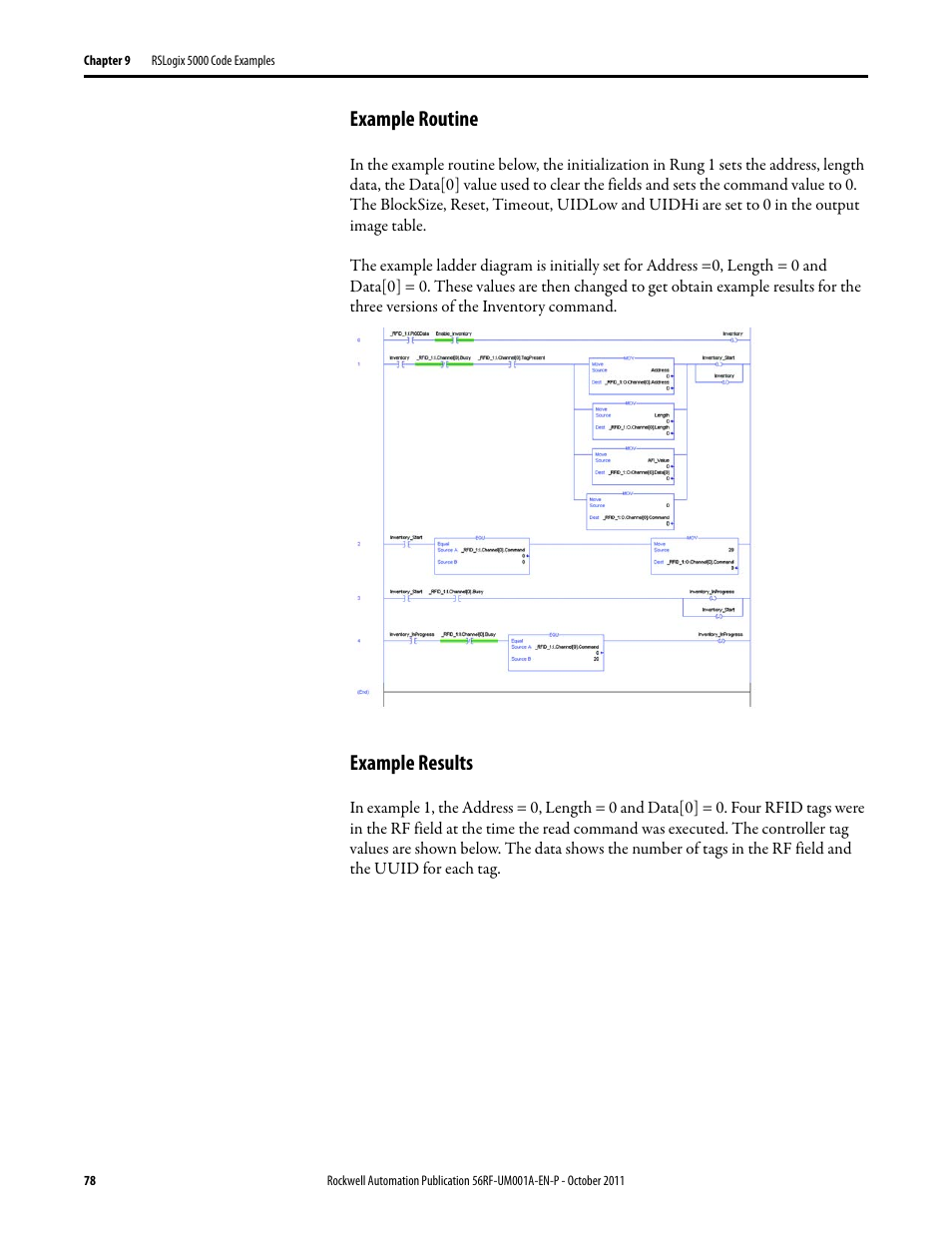 Example routine, Example results | Rockwell Automation 56RF RFID System User Manual User Manual | Page 78 / 156
