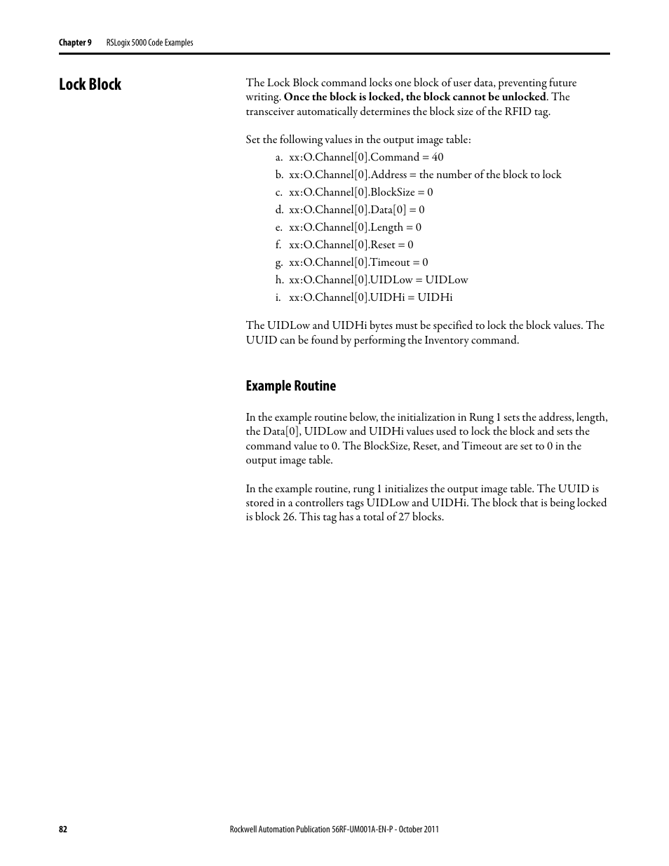 Lock block, Example routine | Rockwell Automation 56RF RFID System User Manual User Manual | Page 82 / 156