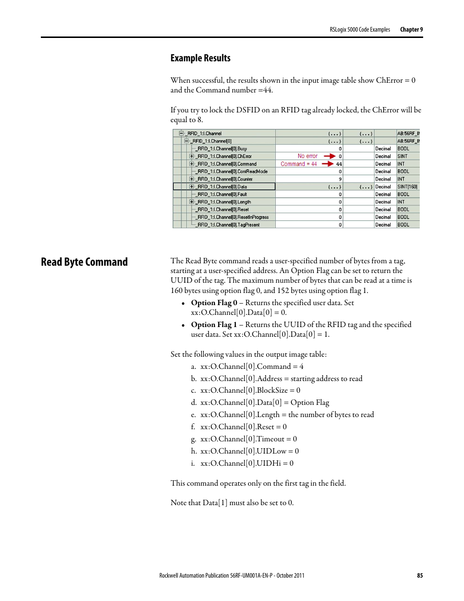 Read byte command, Example results | Rockwell Automation 56RF RFID System User Manual User Manual | Page 85 / 156