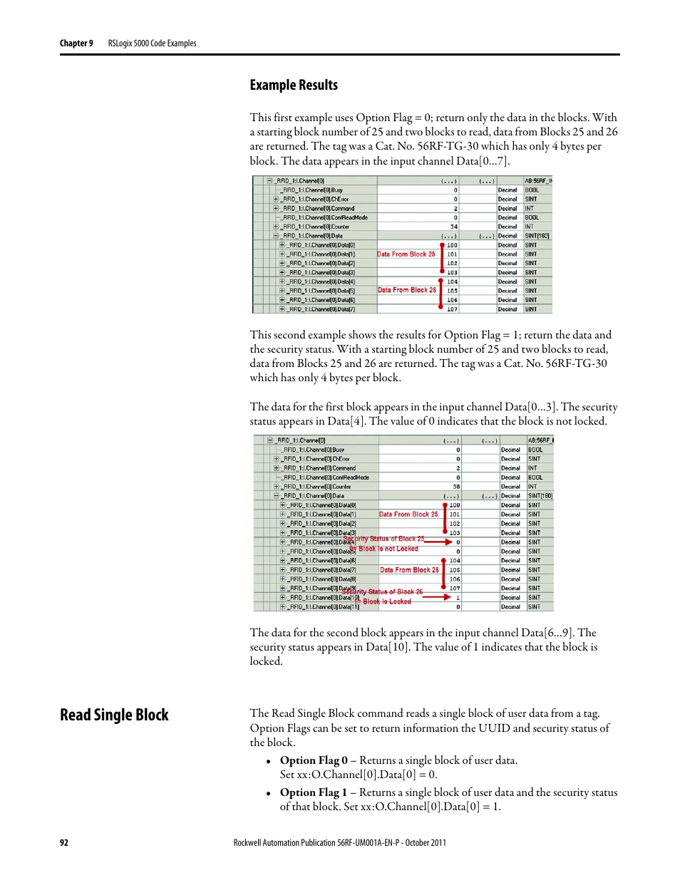 Read single block, Example results | Rockwell Automation 56RF RFID System User Manual User Manual | Page 92 / 156