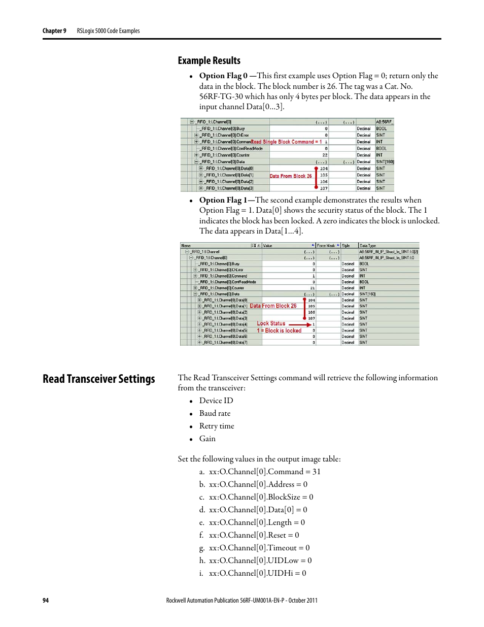 Read transceiver settings, Example results | Rockwell Automation 56RF RFID System User Manual User Manual | Page 94 / 156