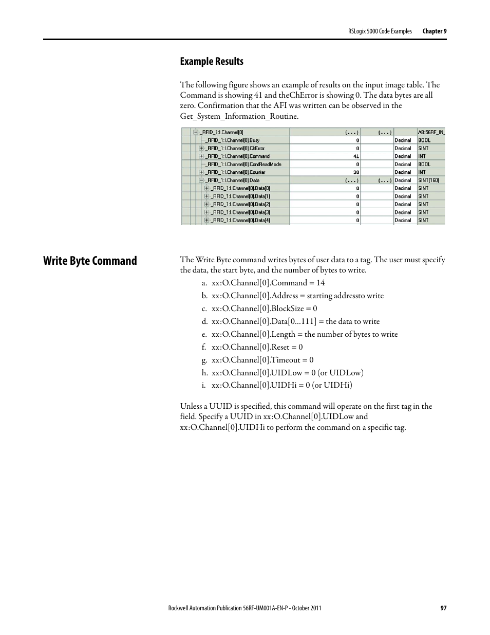 Write byte command, Example results | Rockwell Automation 56RF RFID System User Manual User Manual | Page 97 / 156