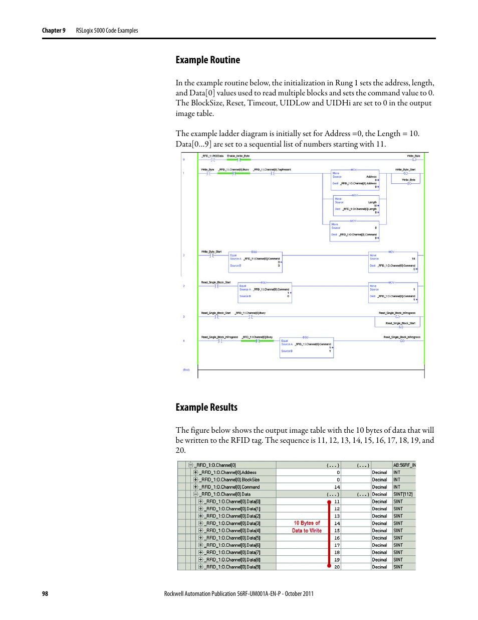 Example routine, Example results | Rockwell Automation 56RF RFID System User Manual User Manual | Page 98 / 156