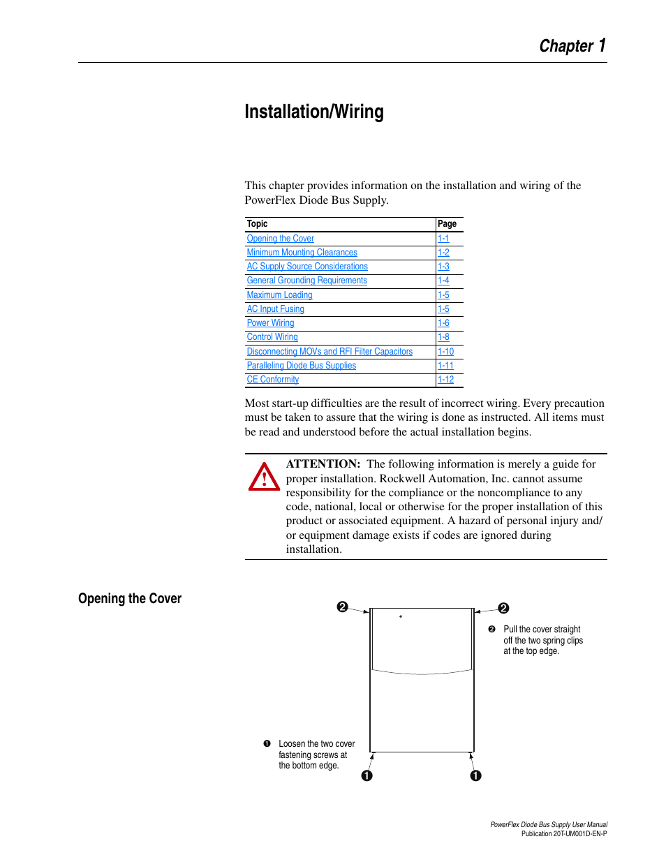 Chapter 1, Installation/wiring, Opening the cover | Opening the cover -1, 1installation/wiring | Rockwell Automation 20T PowerFlex Diode Bus Supply User Manual | Page 13 / 42
