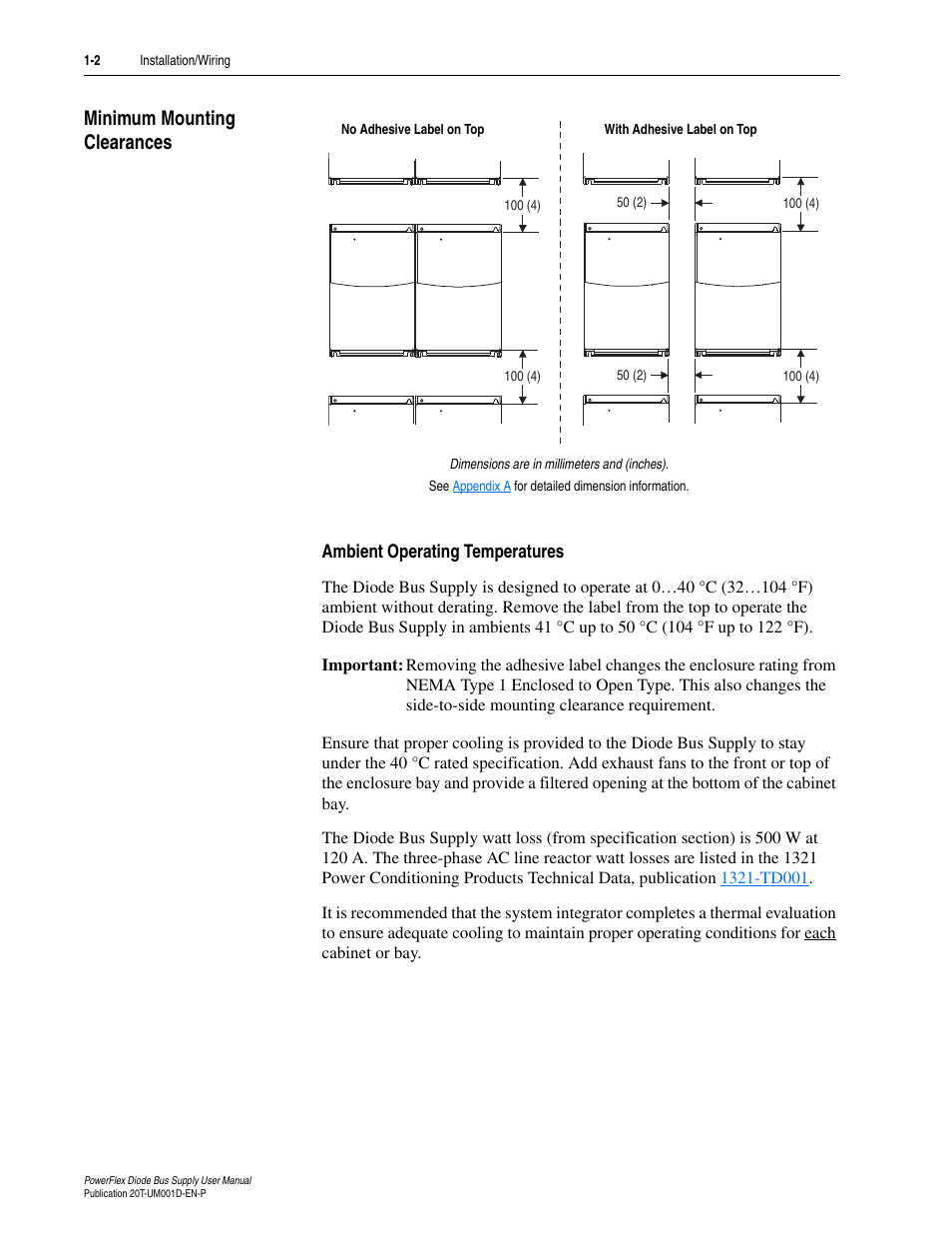 Minimum mounting clearances, Ambient operating temperatures, Minimum mounting clearances -2 | Ambient operating temperatures -2 | Rockwell Automation 20T PowerFlex Diode Bus Supply User Manual | Page 14 / 42