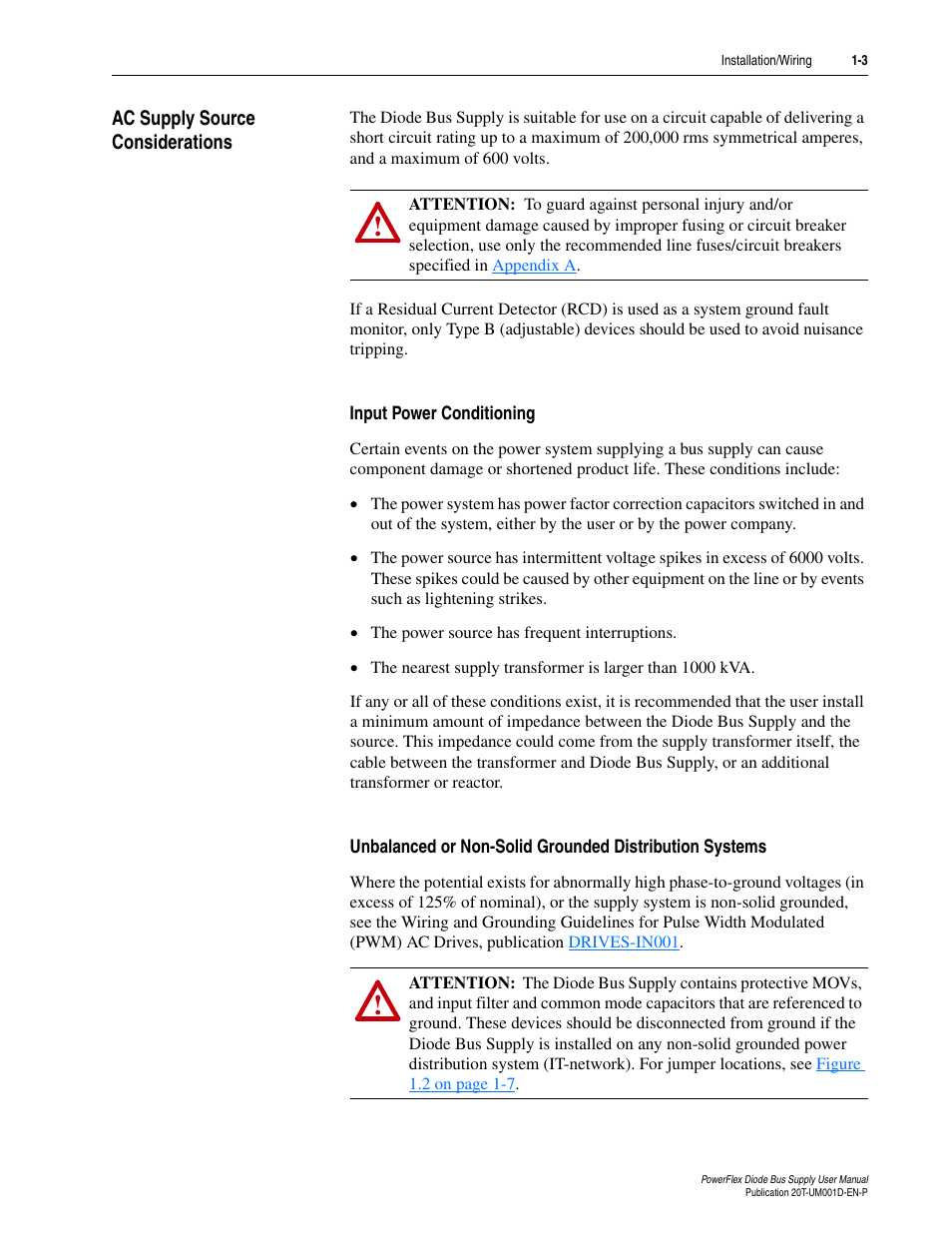 Ac supply source considerations, Input power conditioning, Ac supply source considerations -3 | Rockwell Automation 20T PowerFlex Diode Bus Supply User Manual | Page 15 / 42