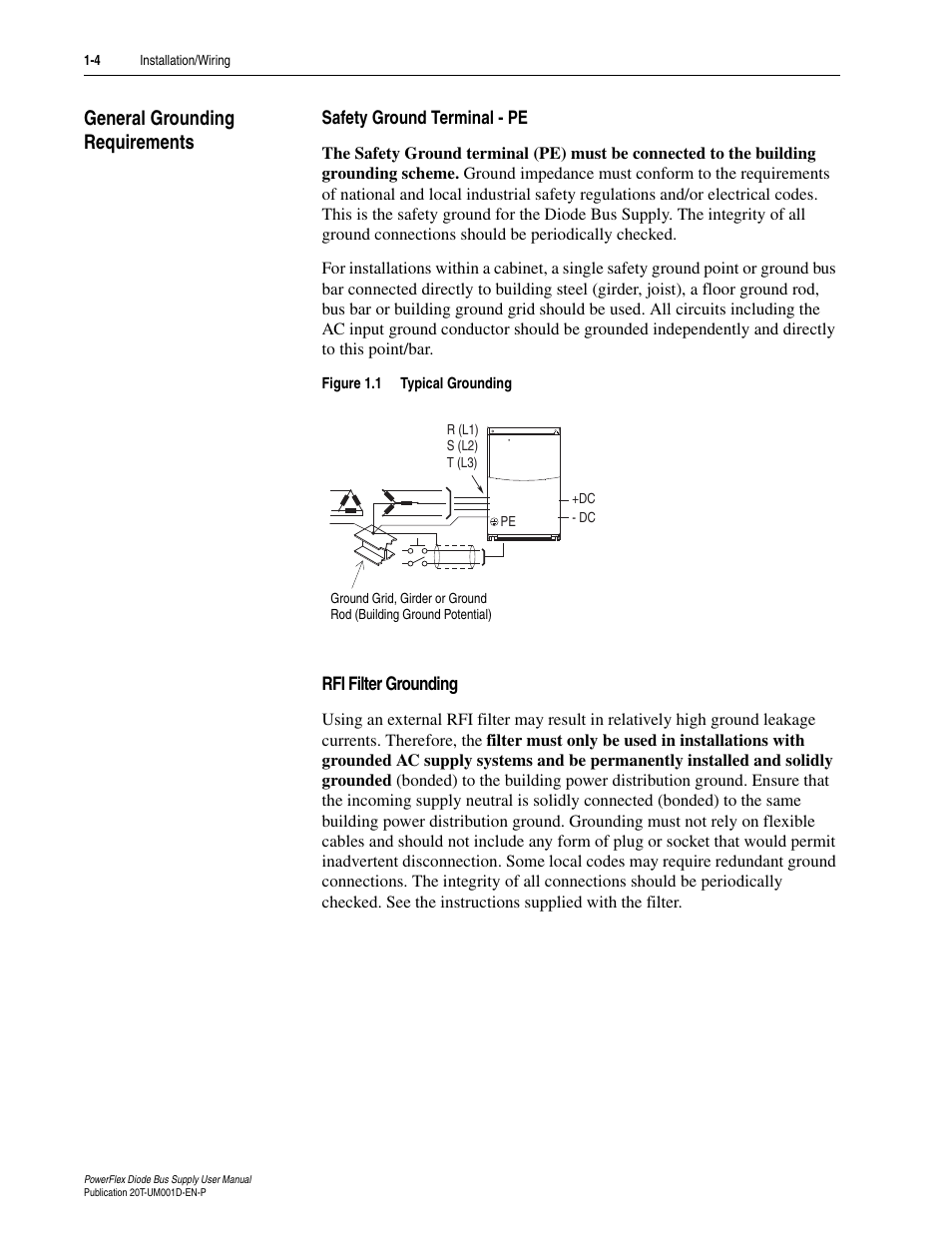 General grounding requirements, Safety ground terminal - pe, Rfi filter grounding | General grounding requirements -4 | Rockwell Automation 20T PowerFlex Diode Bus Supply User Manual | Page 16 / 42
