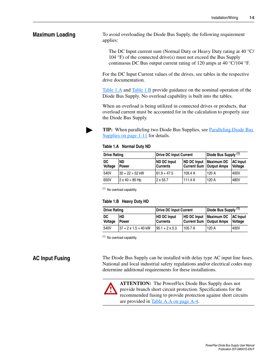 Maximum loading, Ac input fusing, Maximum loading -5 ac input fusing -5 | Rockwell Automation 20T PowerFlex Diode Bus Supply User Manual | Page 17 / 42