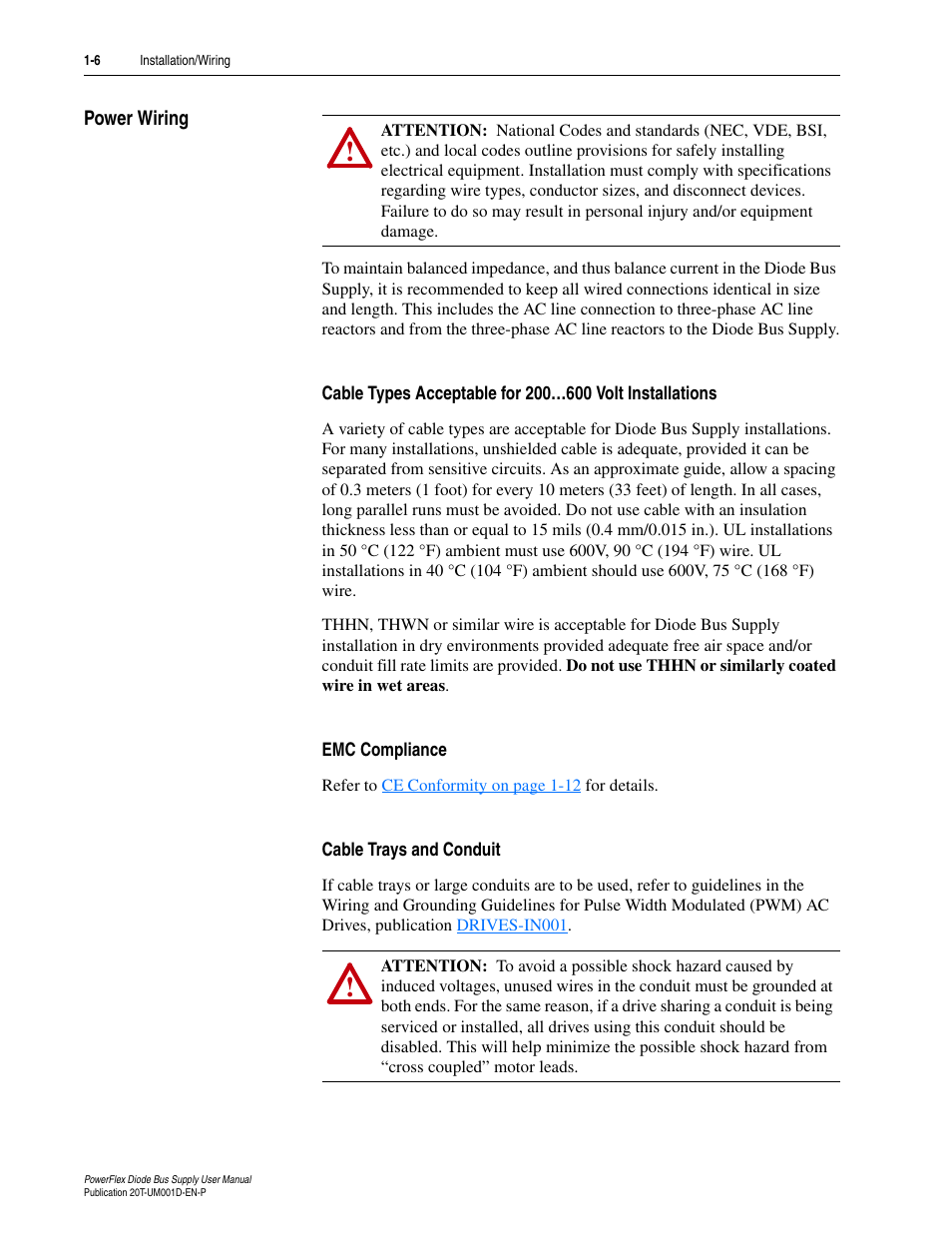 Power wiring, Emc compliance, Cable trays and conduit | Power wiring -6 | Rockwell Automation 20T PowerFlex Diode Bus Supply User Manual | Page 18 / 42