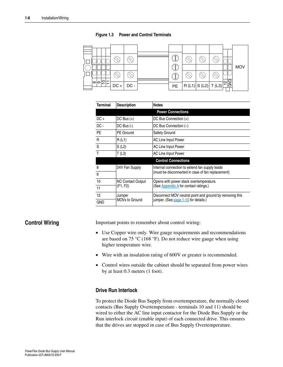 Control wiring, Drive run interlock, Control wiring -8 | Drive run interlock -8 | Rockwell Automation 20T PowerFlex Diode Bus Supply User Manual | Page 20 / 42