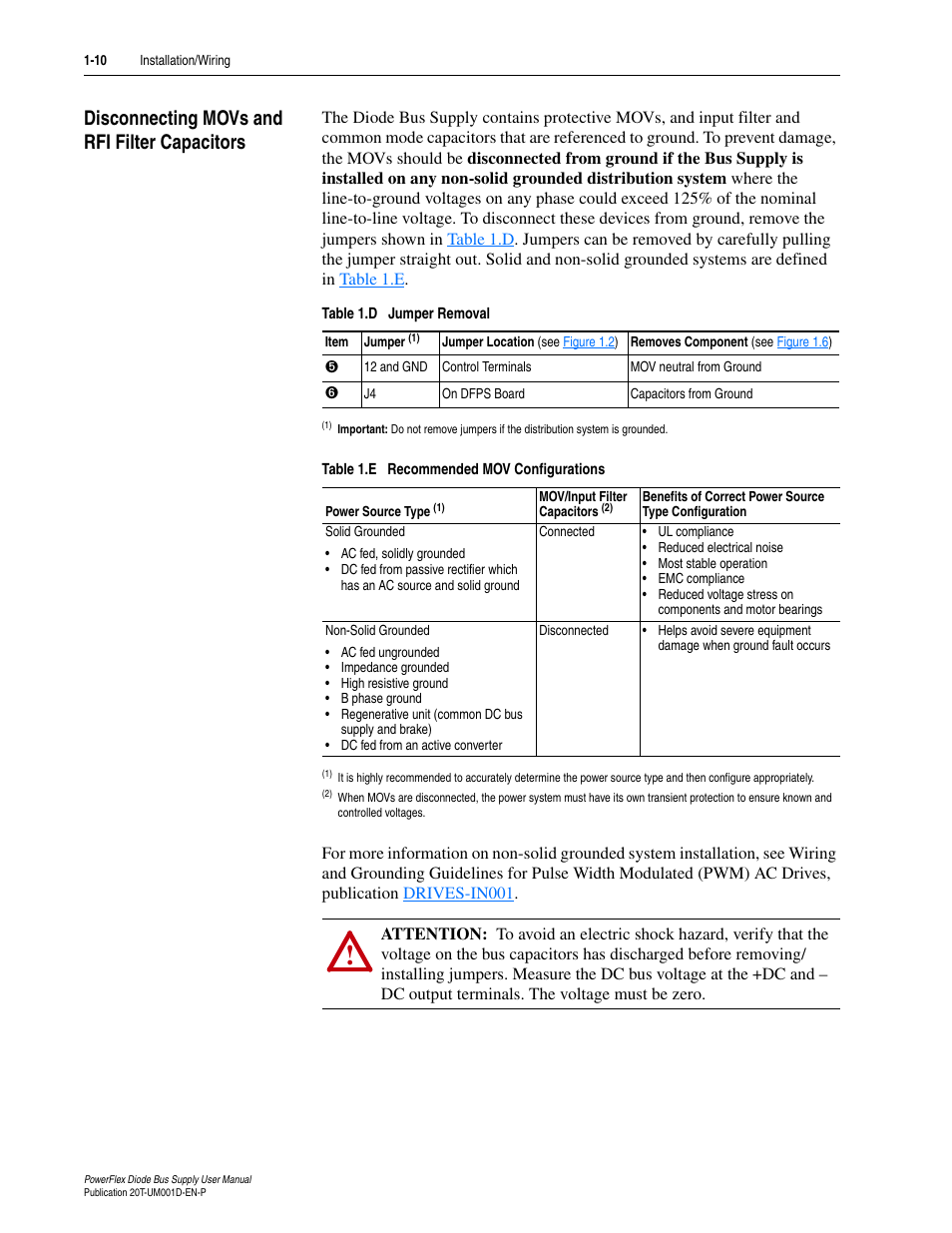 Disconnecting movs and rfi filter capacitors, Disconnecting movs and rfi filter capacitors -10 | Rockwell Automation 20T PowerFlex Diode Bus Supply User Manual | Page 22 / 42