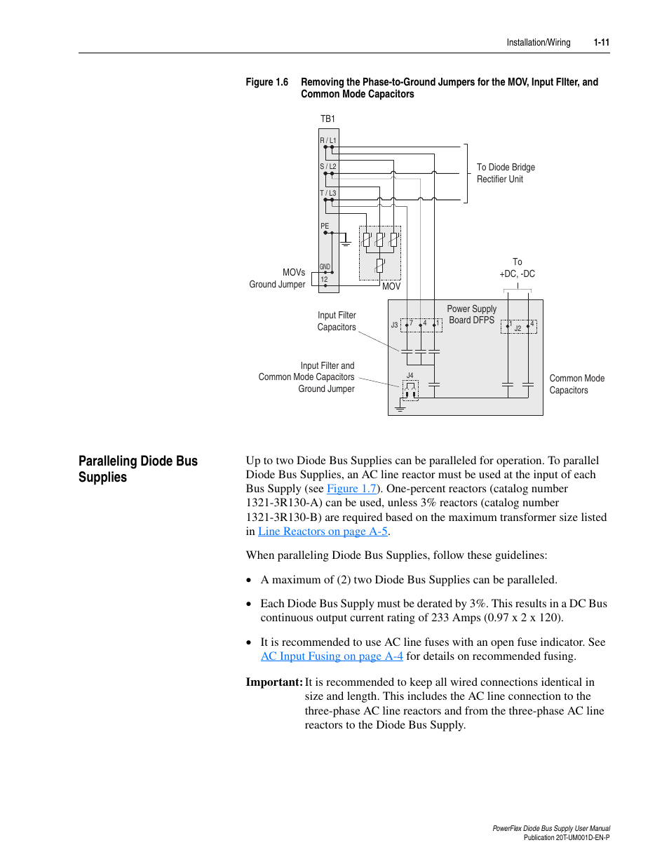 Paralleling diode bus supplies, Paralleling diode bus supplies -11, O diode bus supplies, see | Paralleling diode bus, For details, Figure 1.6 | Rockwell Automation 20T PowerFlex Diode Bus Supply User Manual | Page 23 / 42